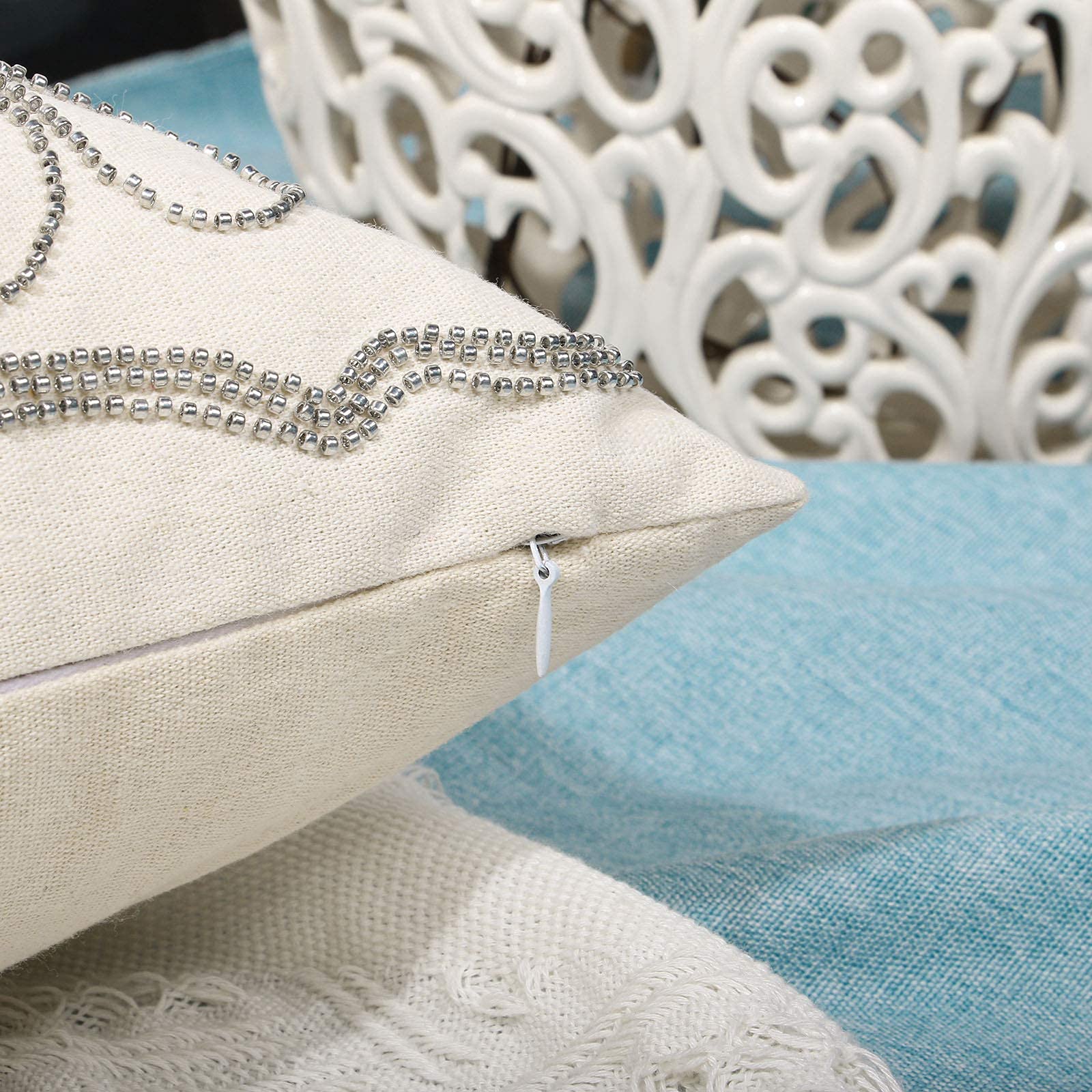 Mingfuxin 18x18 Inch Beaded Decorative Throw Pillow Covers - Square Bohemian Style Cushion Covers for Sofa, Bed, Living Room & Outdoor Furniture - Perfect for Home Decor, Cozy Reading Nook and Patio Relaxation