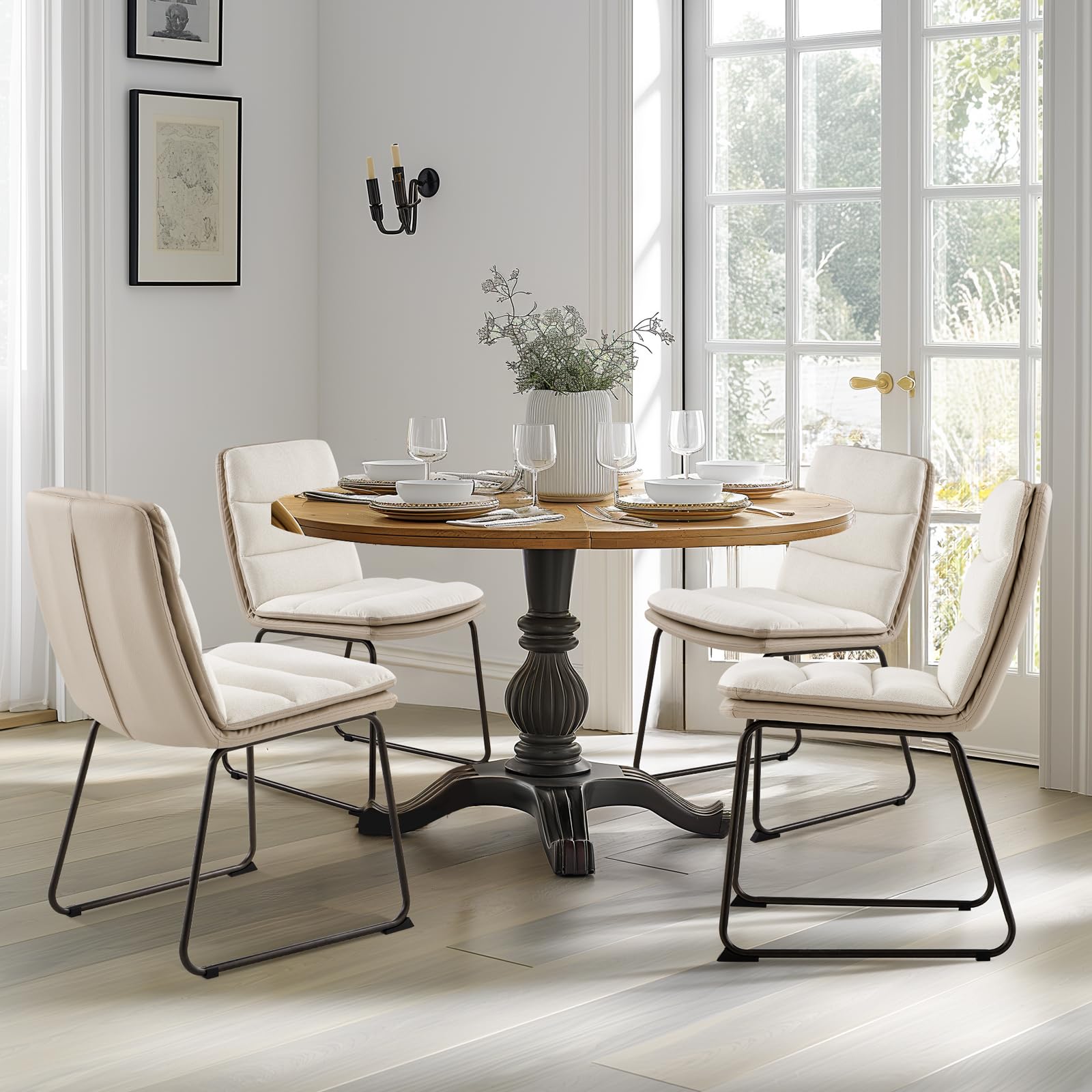 Modern Upholstered Dining Chairs Set of 2 - PU Leather & Fabric Kitchen Side Chairs with Sturdy Metal Legs, Cream - Perfect for Home Dining Room, Breakfast Nook & Small Space Decor