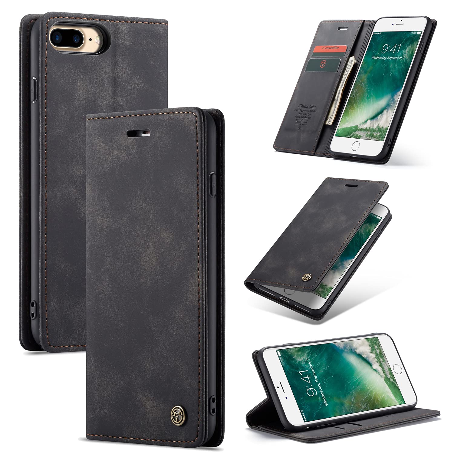 Premium PU Leather Wallet Case for iPhone 6 Plus/6S Plus - Vintage Matte Flip Cover with Card Slots, Magnetic Closure & Stand Function | Shockproof Full Protection | Perfect for Travel, Work & Daily Use - Black