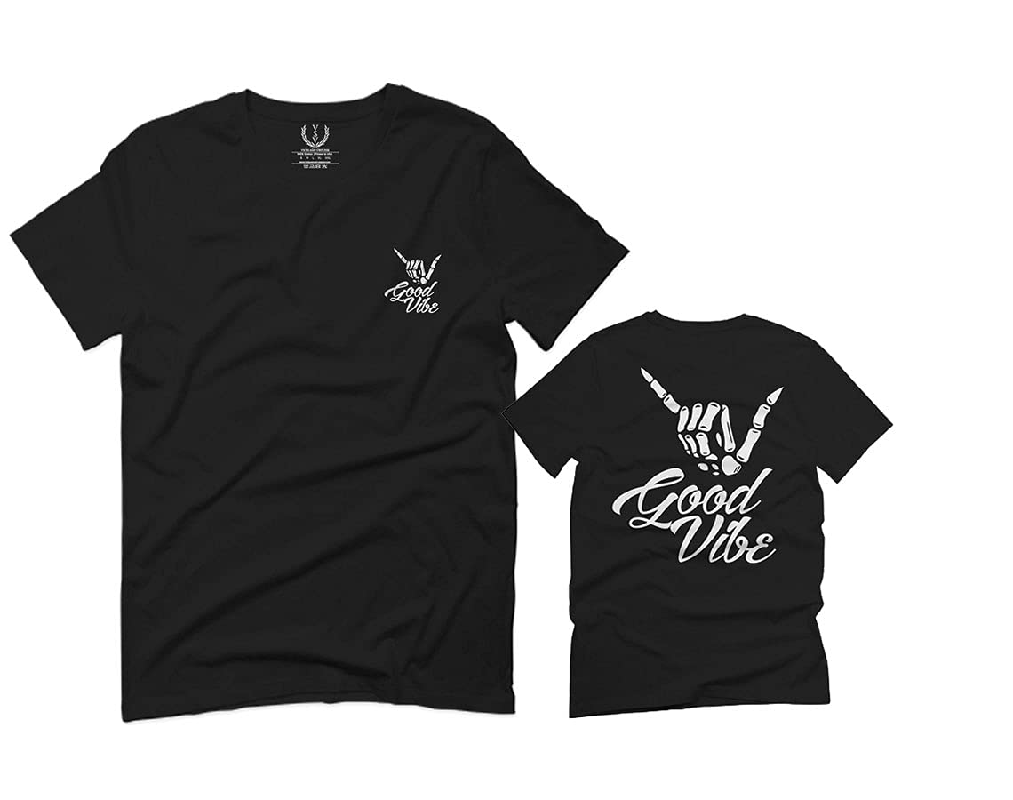 Cool Vintage Hipster Graphic T-Shirt for Men - Front & Back Good Vibe Bones Hand Shaka Design | Casual Wear, Street Style, Music Festivals & Beach Outfits