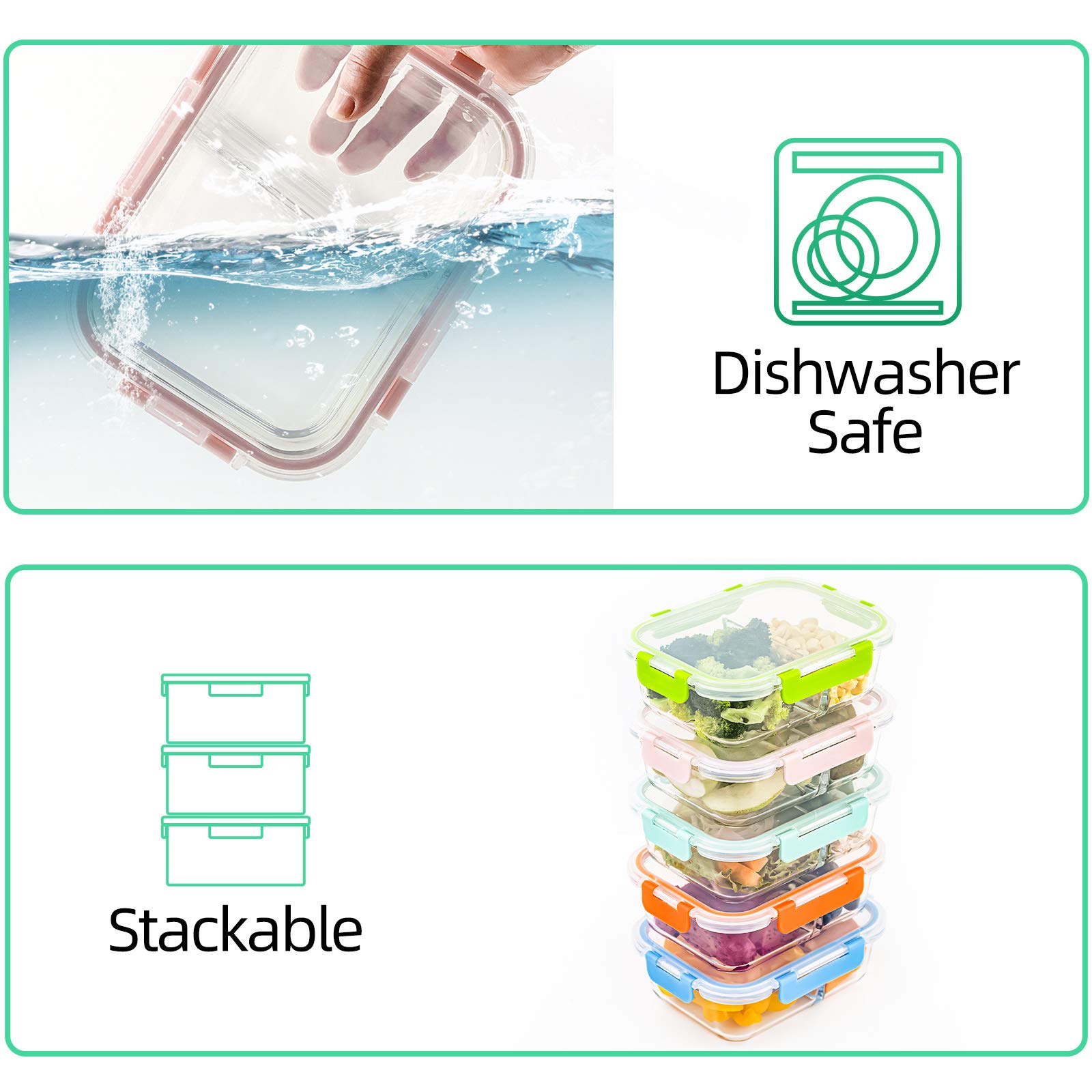 Crest Glass Meal Prep Containers 2 Compartment Set - 5-Pack 34oz Bento Boxes for Adults with Lids | Reusable Divided Glass Lunch Containers for Office, Meal Prepping & Healthy Eating