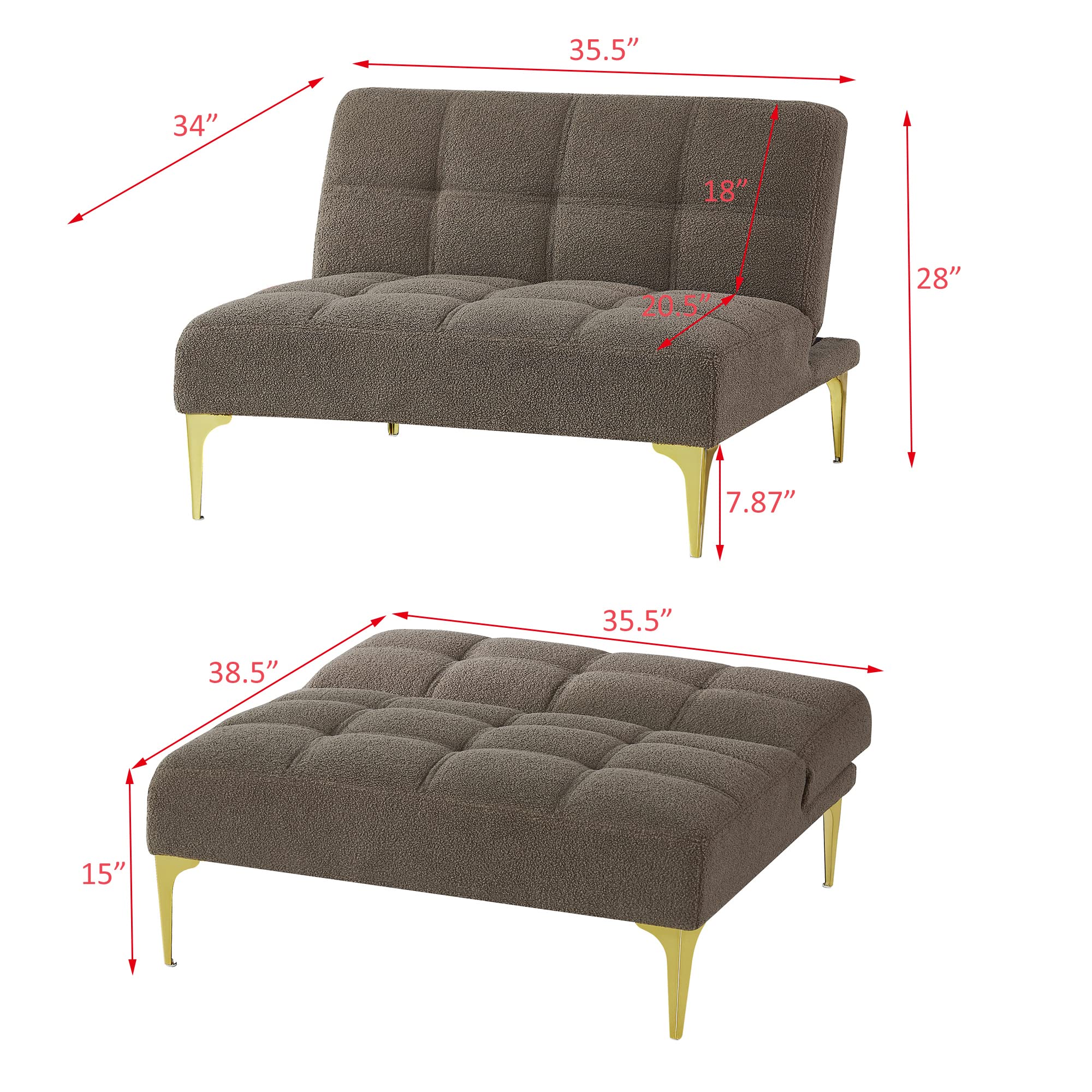 Polibi Modern Convertible Folding Sofa Bed with Adjustable Backrest - Teddy Fabric Taupe Couch with Golden Legs & Toss Pillow - Space Saving Single Sofa Chair for Small Apartments, Guest Rooms & Home Offices