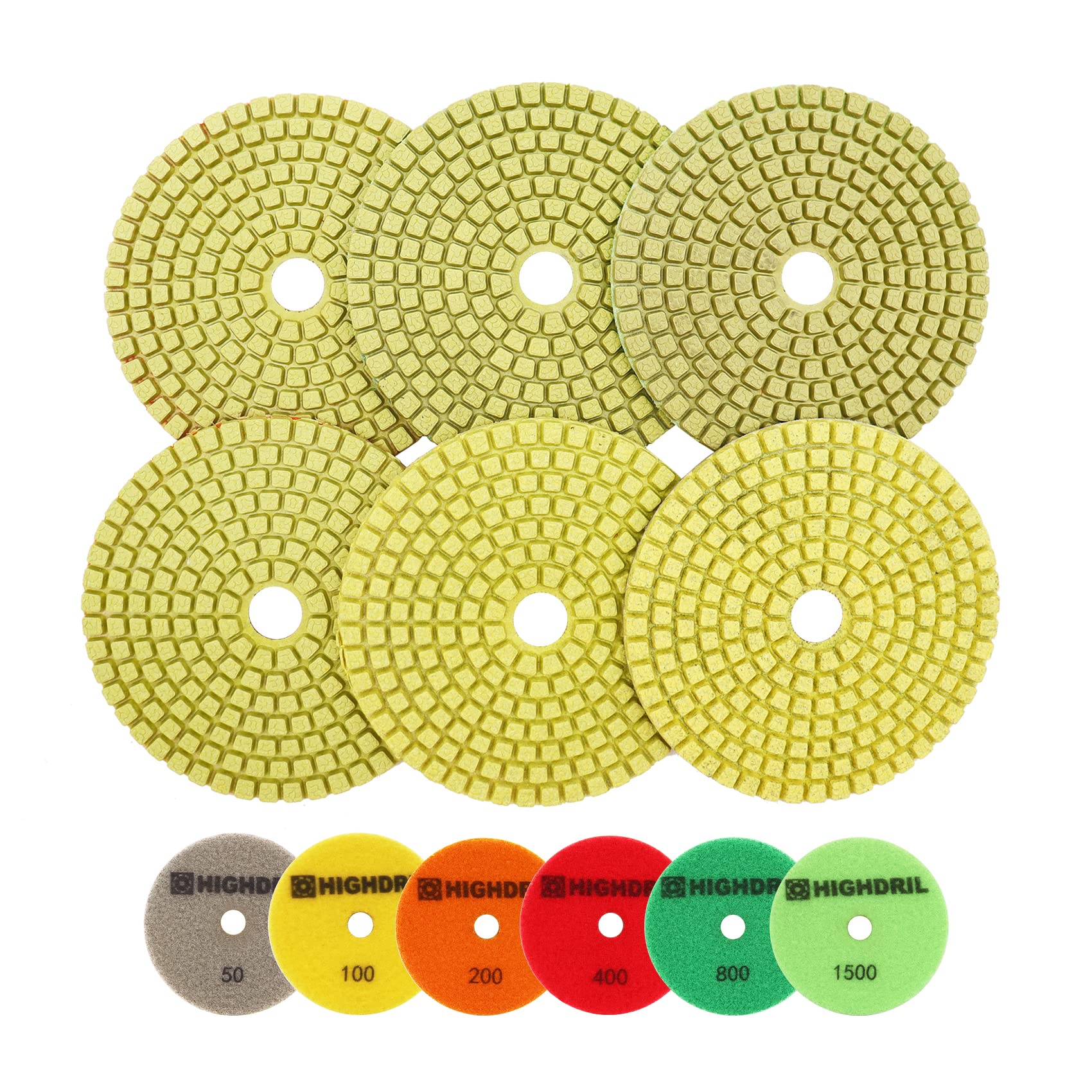 Wet Diamond Polishing Pads 6-Piece Set (4 Inch, #50#100#200#400#800#1500 Grit) for Granite, Marble, Ceramic & Artificial Stone - Professional Sanding & Polishing for Grinders & Polishers - Perfect for Countertops, Floors & DIY Home Renovation Projects
