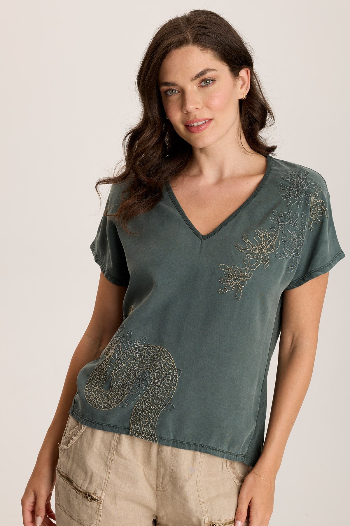 Jolina Women's Twill V-Neck Embroidered T-Shirt - Casual Short Sleeve Top for Everyday Wear & Summer Outfits