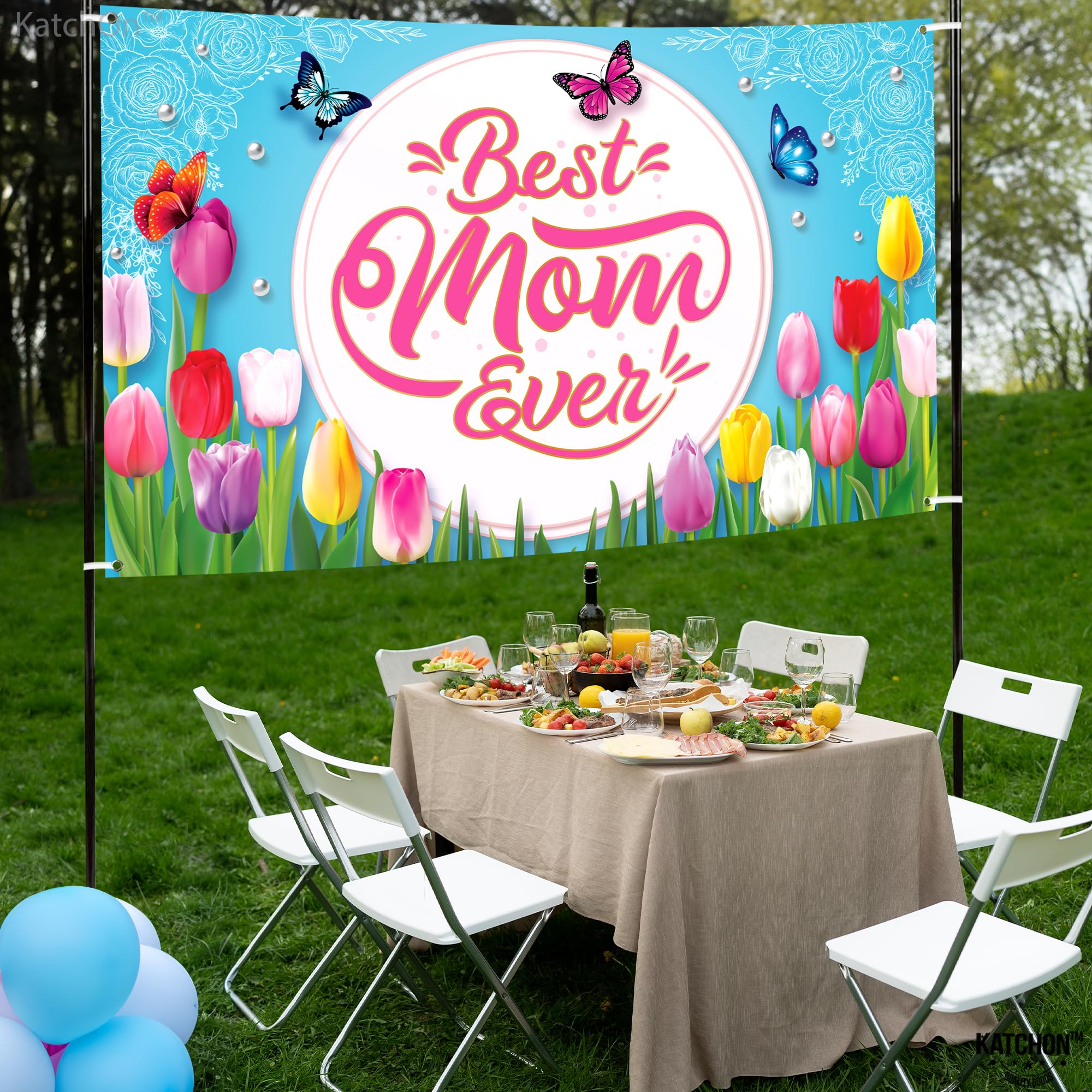KatchOn Extra Large 72x44 Inch 'Best Mom Ever' Banner - Pink & Blue Happy Mother's Day Party Decorations | Mother's Day Backdrop for Home, Office & Outdoor Celebrations