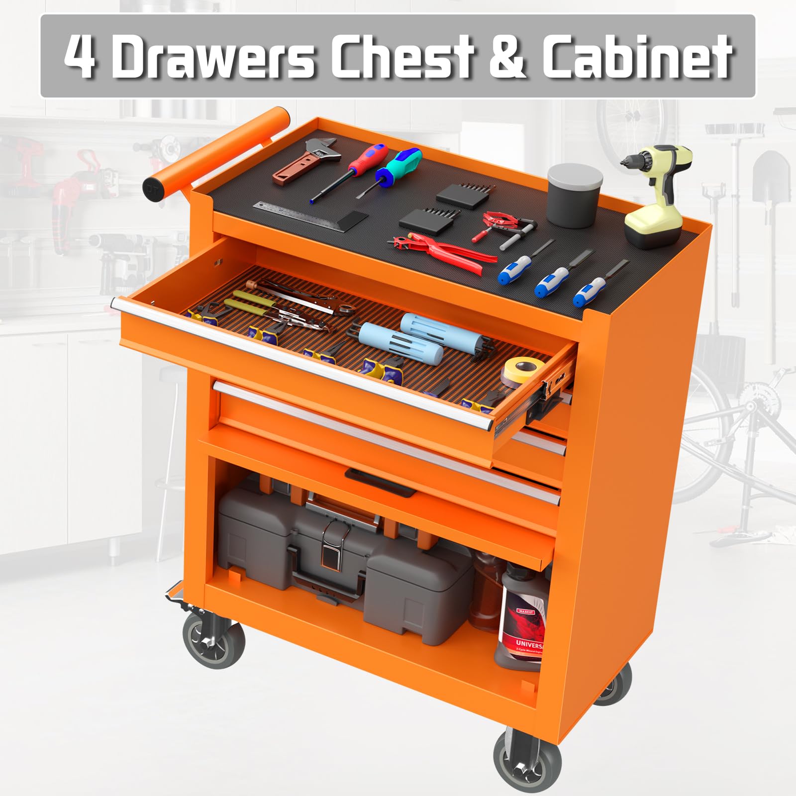 Heavy Duty 4-Drawer Rolling Tool Chest with Wheels - Metal Tool Storage Cabinet with Drawer Liners & Lockable Cart for Garage, Workshop, Auto Repair - Perfect for Mechanics, DIY Enthusiasts & Professional Technicians