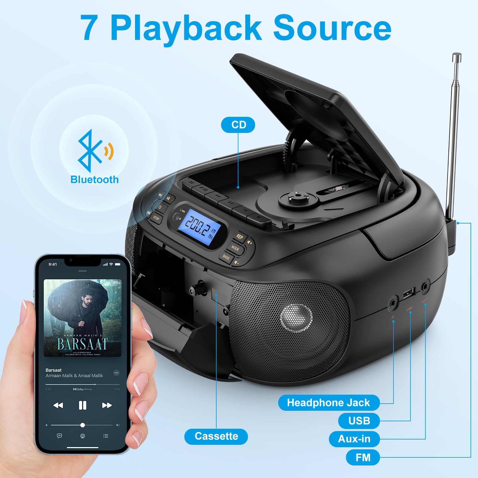 Hernido Portable Boombox with CD Cassette Player Combo, FM Radio, Rechargeable Stereo Speakers, Super Bass, AUX-In, USB Playback, Headphone Jack – Perfect for Home, Parties, and Outdoor Gatherings