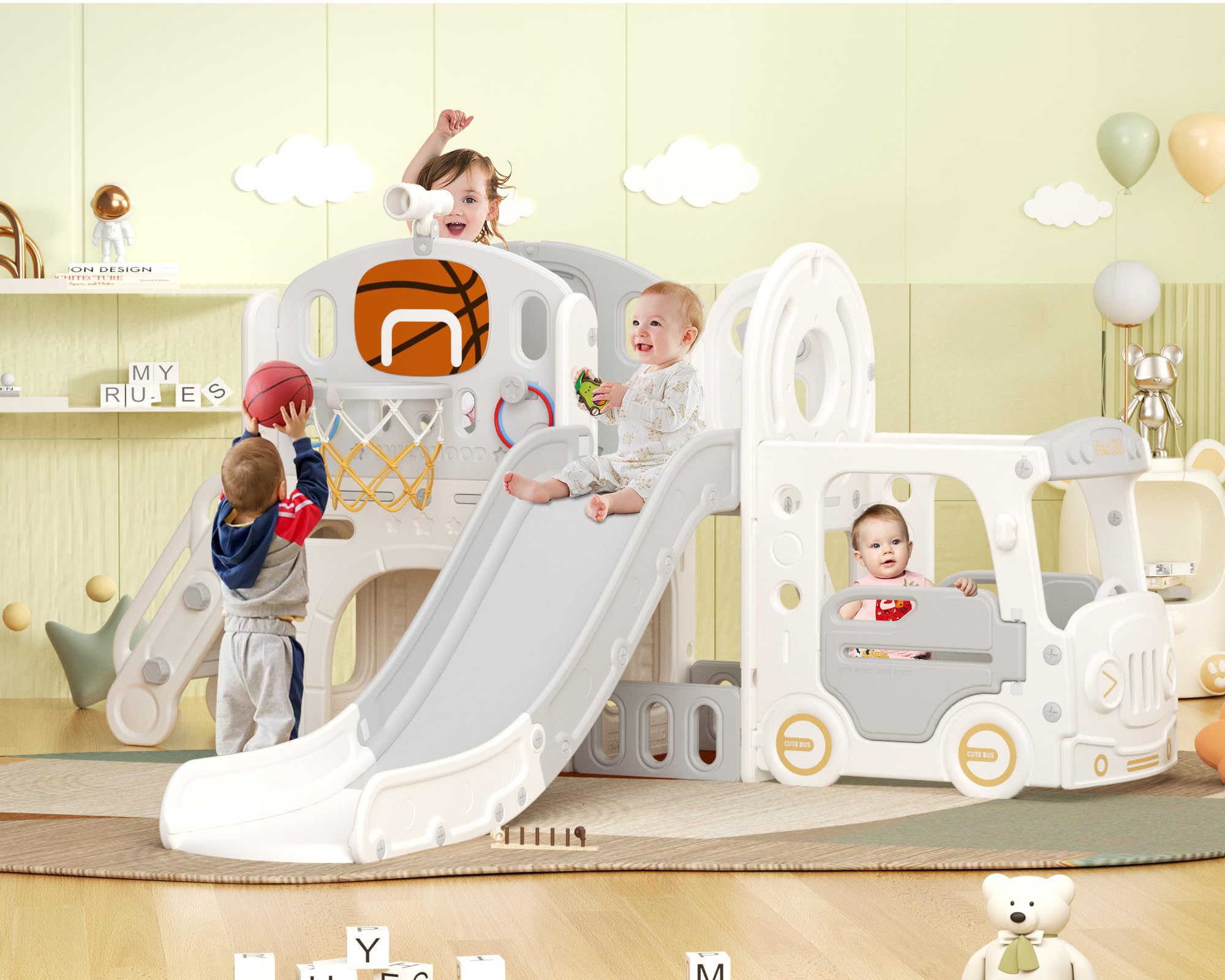 10-in-1 Toddler Slide Outdoor Playset with Bus Playhouse, Telescope & Basketball Hoop - Freestanding Kids Slide for Indoor/Outdoor Play - Perfect for Ages 1-3 Years (Grey) - Great for Backyards, Daycares & Preschool Play Areas