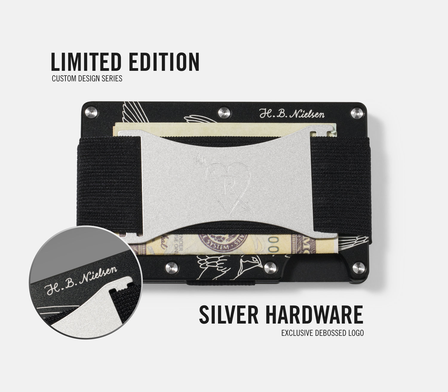 Ridge Wallet H.B. Nielsen Silver Swallows - Slim RFID Blocking Metal Wallet for Men - Perfect for Everyday Carry, Travel & Minimalist Lifestyle