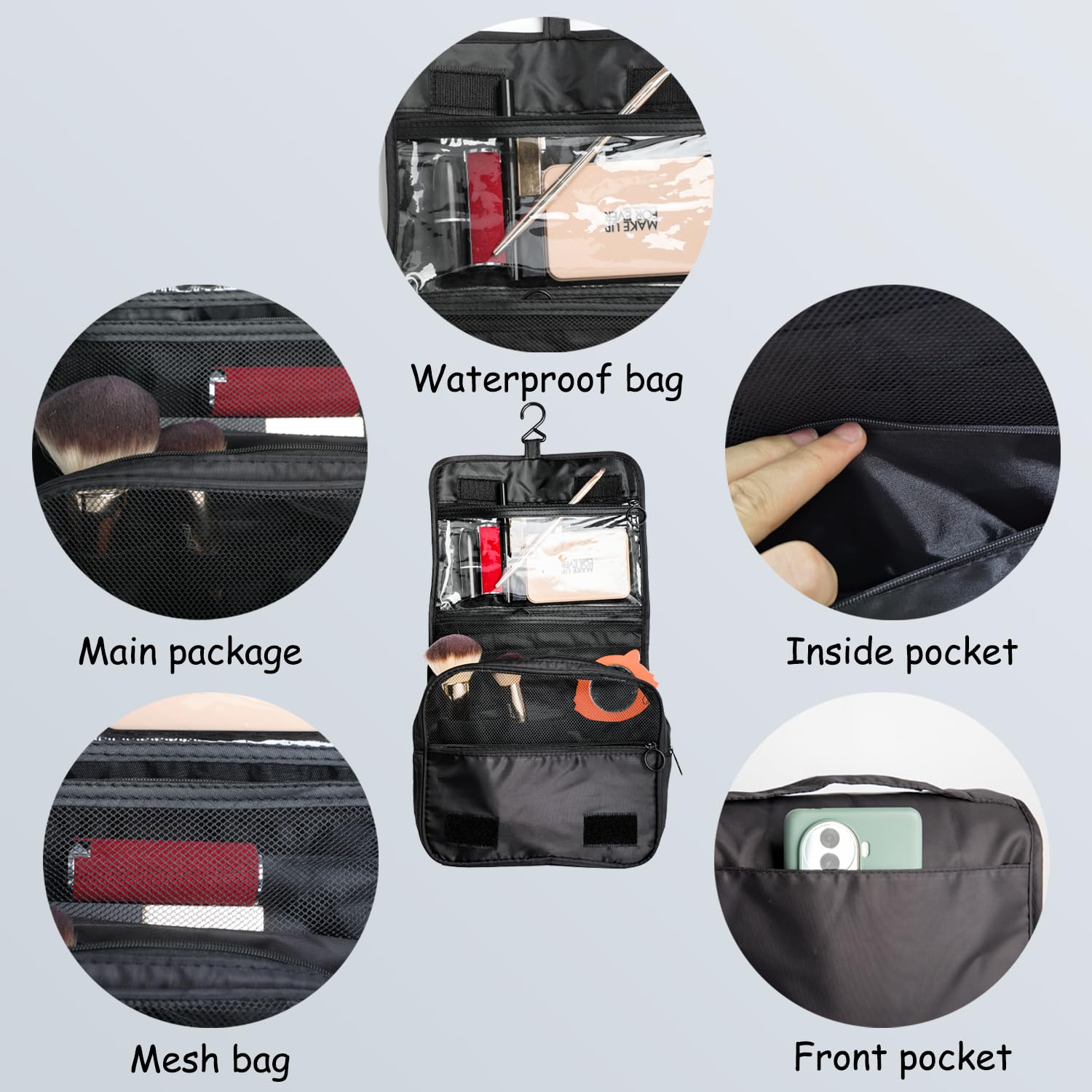 Foldable Hanging Travel Toiletry Bag - Waterproof Portable Cosmetic Organizer with Hook for Makeup, Shampoo & Toiletries - Perfect for Camping, Business Trips & Vacation (Black)