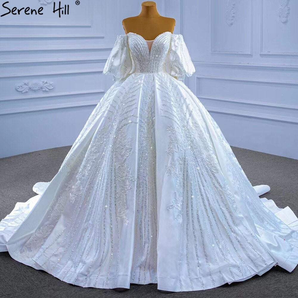 Serene Hill White Satin Luxury Wedding Dresses 2025 | Beaded Lantern Sleeve Bride Gowns | Custom Made HM67326 | Perfect for Church Weddings, Beach Ceremonies & Formal Receptions