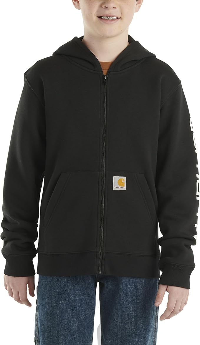 Carhartt Men's Long Sleeve Full Zip Hoodie with Logo - Black | Warm Fleece Lined Sweatshirt for Work, Outdoor & Casual Wear