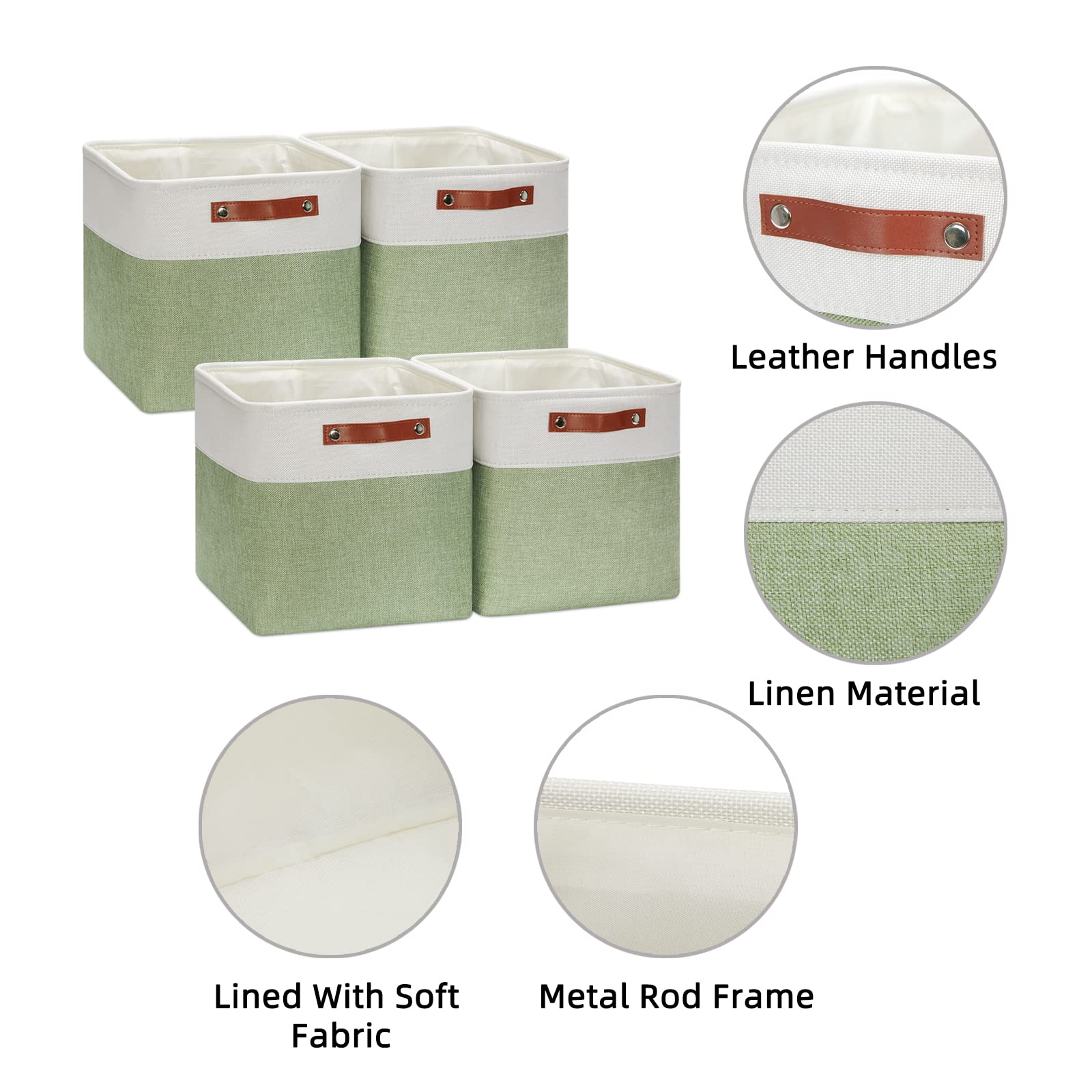 HNZIGE 4-Pack Fabric Storage Cubes - 12x12 Inch Decorative Organizer Bins for Shelves, Kids Toys, Pet Supplies | Versatile Home & Office Storage Solutions (Green & White)