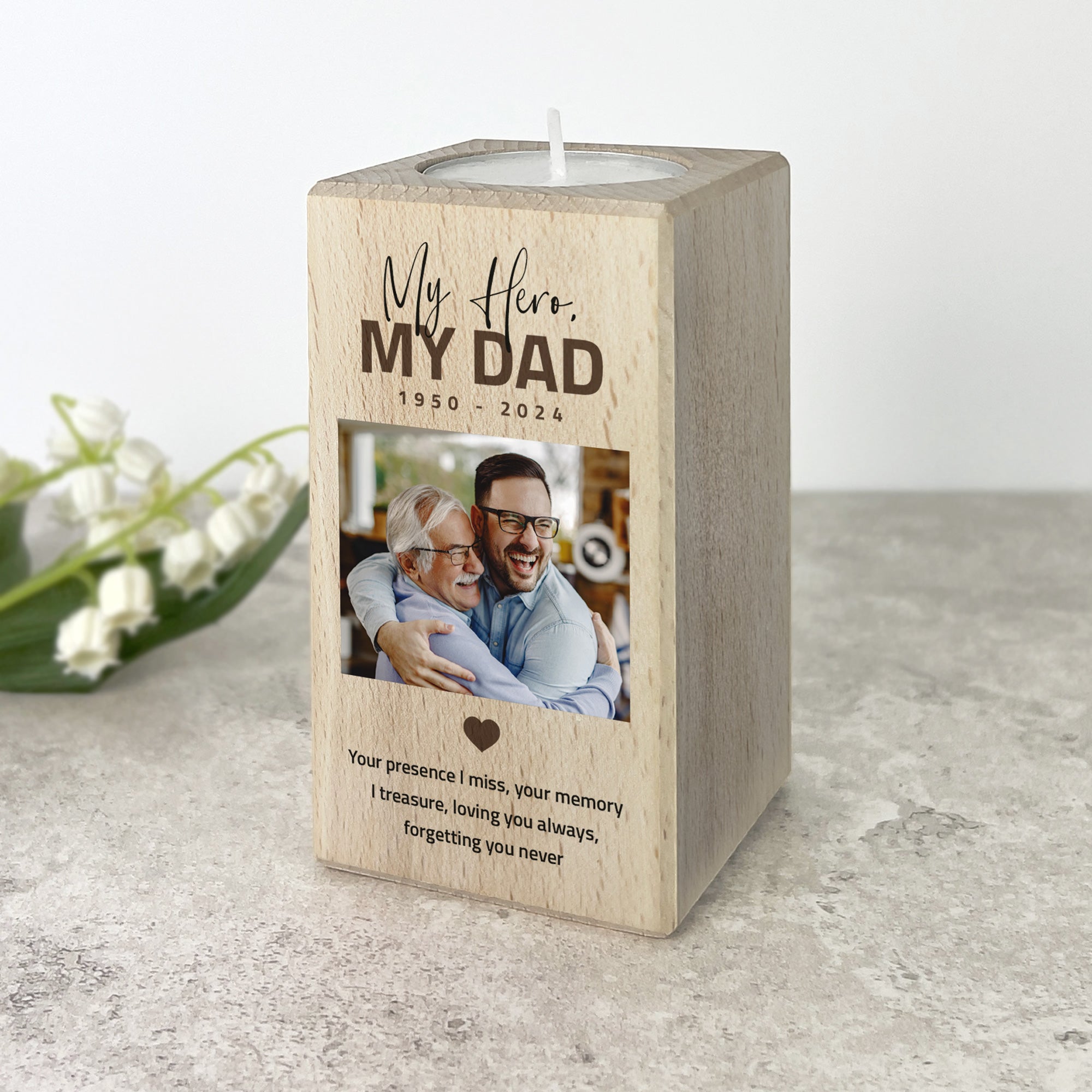 Personalized Memorial Bold Text Solid Wood Photo Tea Light Holder - 2 Sizes for Home Decor, Wedding Centerpiece & Memorial Candle Display