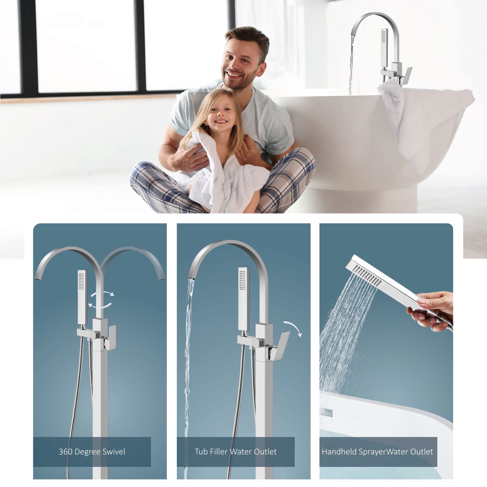 Aolemi Polished Chrome Freestanding Bathtub Faucet - Floor Mount Tub Filler with Handheld Shower Sprayer, Single Handle Waterfall Brass Tap for Modern Bathroom (Ideal for Spa, Luxury Bath & Home Renovation)