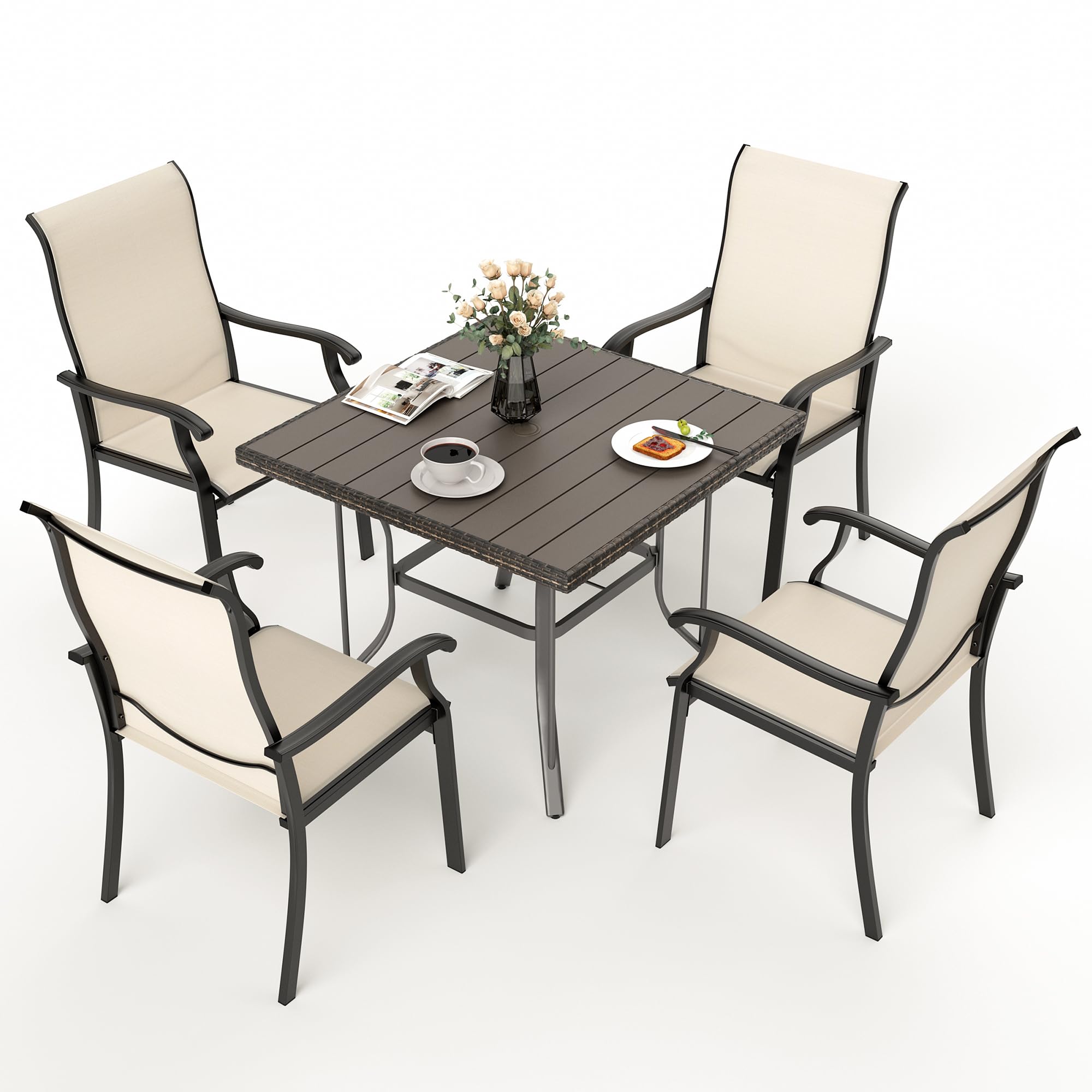 Pamapic 5-Piece Patio Dining Set - Outdoor Table and 4 Textilene Chairs for Garden, Backyard, Poolside & Deck - Durable Plastic-Wood Square Table Top in Beige - Perfect for Outdoor Entertaining, Family Gatherings & Relaxing by the Pool