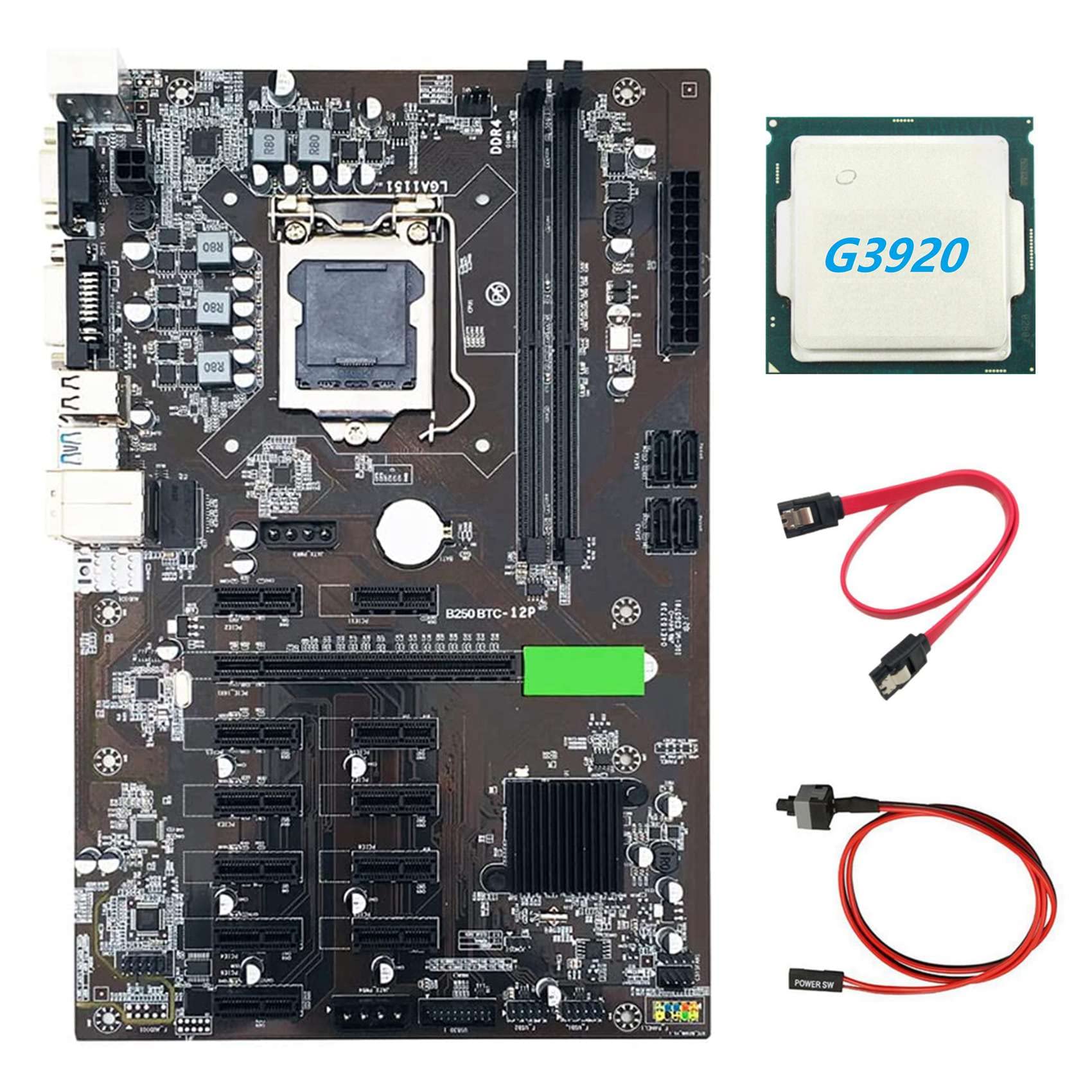 Flisdtry B250 BTC Mining Motherboard with Intel G3920/G3930 CPU, 12 GPU Slots, LGA 1151, DDR4, USB 3.0 - Includes SATA & Switch Cables - Perfect for Cryptocurrency Mining Rigs & Ethereum Mining Setup