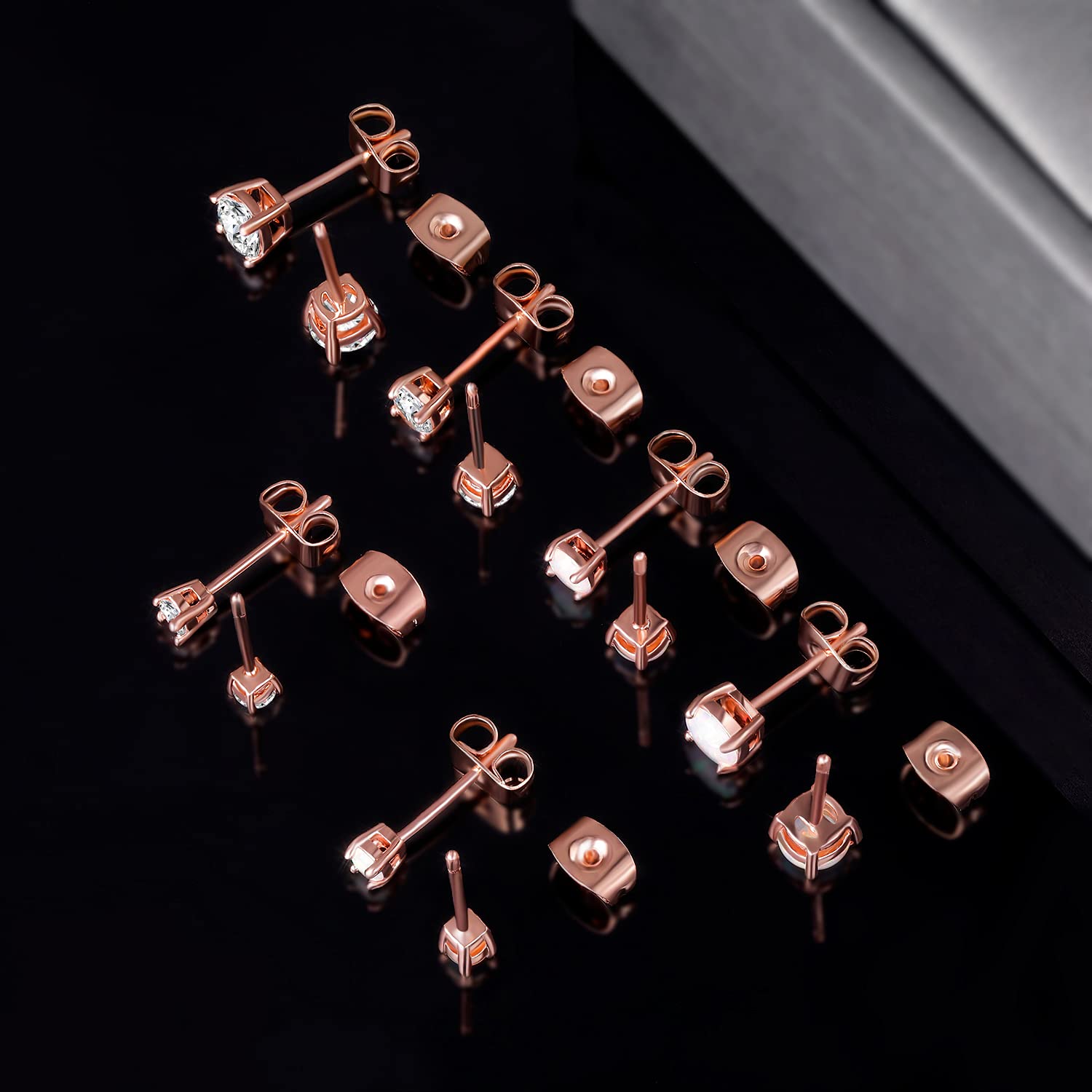 6 Pairs Hypoallergenic Gold Plated Opal Stud Earrings for Women - Dainty Jewelry Set for Everyday Wear, Gift Giving & Special Occasions
