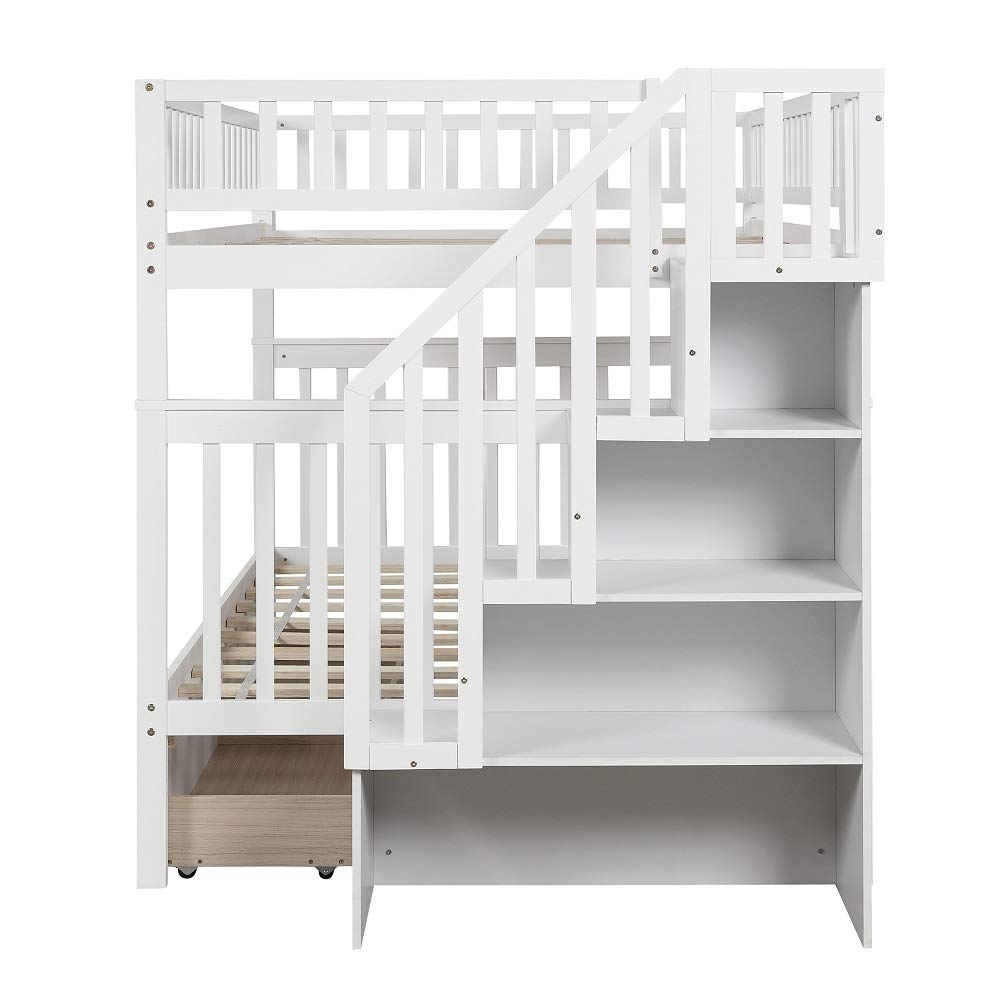 Danxee Solid Wood Full Over Full Bunk Beds with 2 Drawers, Stairway & Full-Length Guardrail - No Box Spring Needed (White) | Space-Saving Kids & Guest Room Furniture for Small Bedrooms