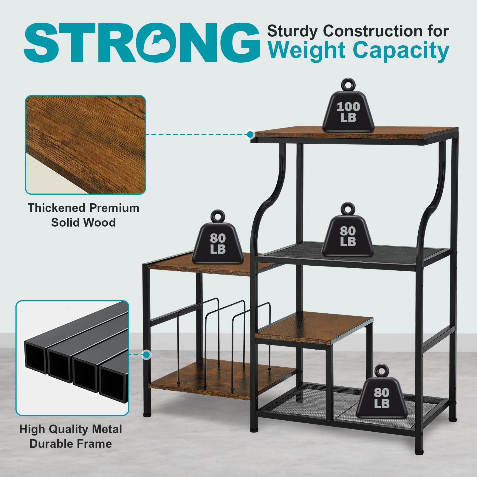 3-Tier Printer Stand with Storage Shelf - Large Rustic Brown Office Desk Organizer for Printer, Scanner, Fax Machine, Books & Files (41.7