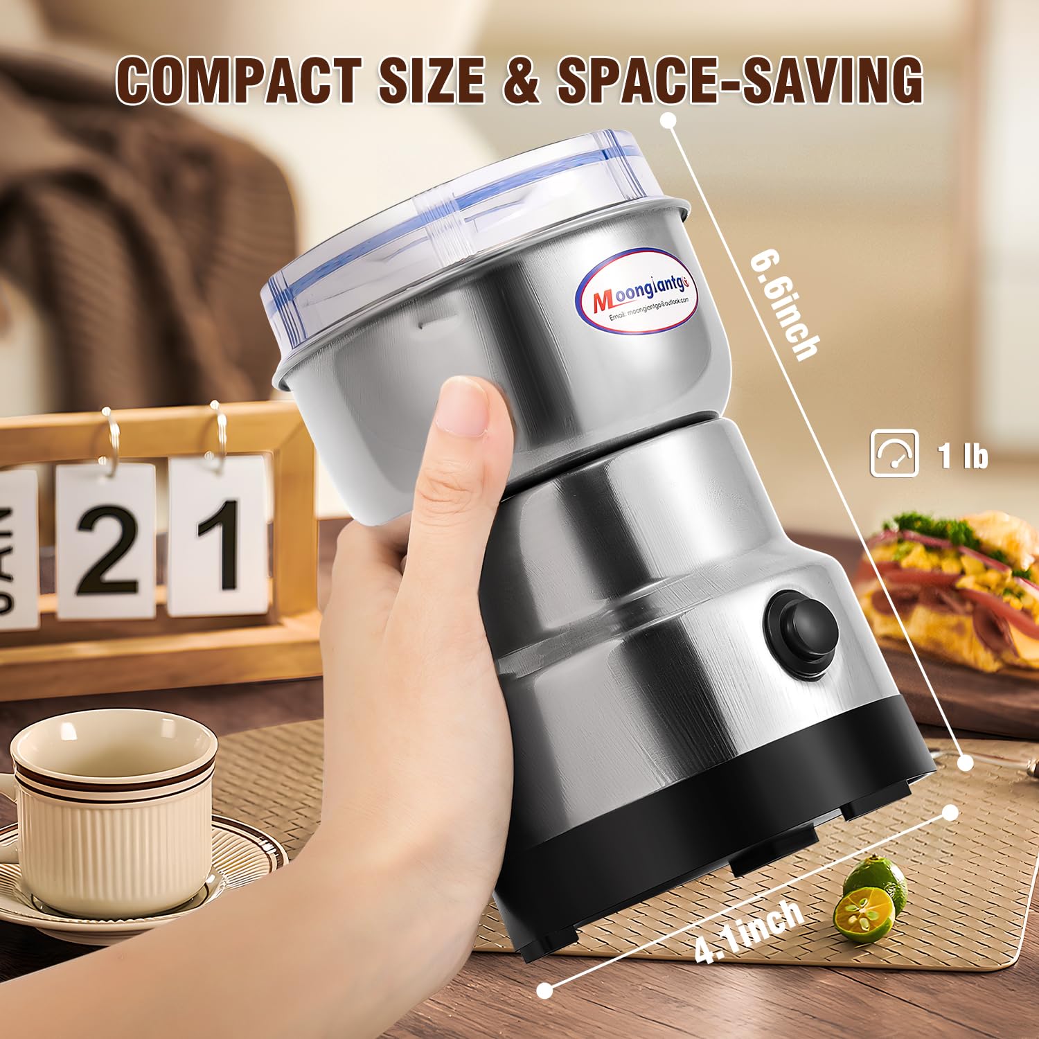 Moongiantgo Electric Coffee Grinder & Spice Grinder - 200W Powerful Motor, 10-Second Fast Grinding, Stainless Steel Blade for Coffee Beans, Nuts, Seeds, Rice & Spices - Perfect for Home Kitchen, Camping & Travel (Silver, 110V)