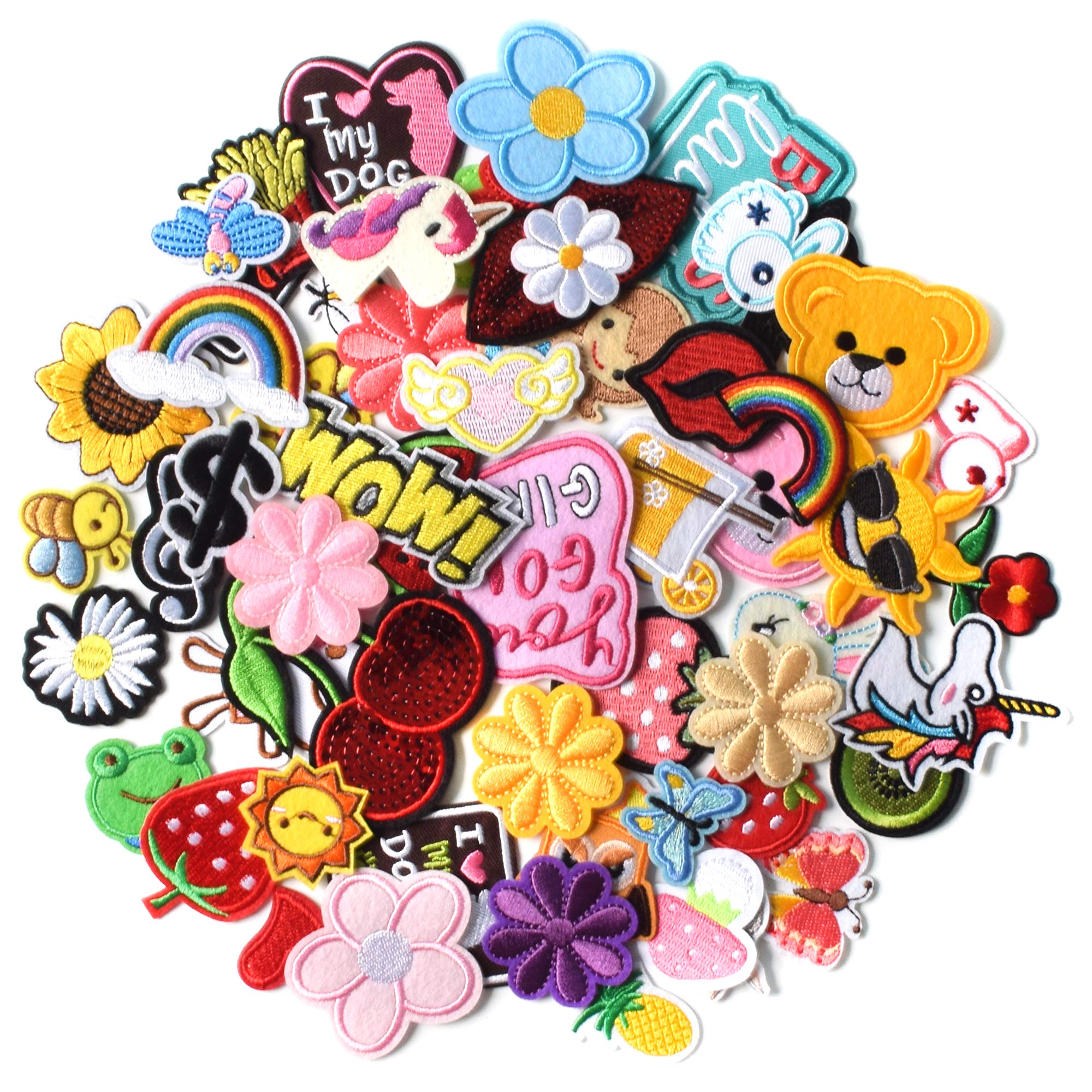AXEN 60PCS Embroidered Iron On Patches for DIY Crafts - Assorted Cute Sewing Applique for Jackets, Hats, Backpacks & Jeans (60 Random Style Pack) - Perfect for Customizing Denim, School Bags & Fashion Accessories