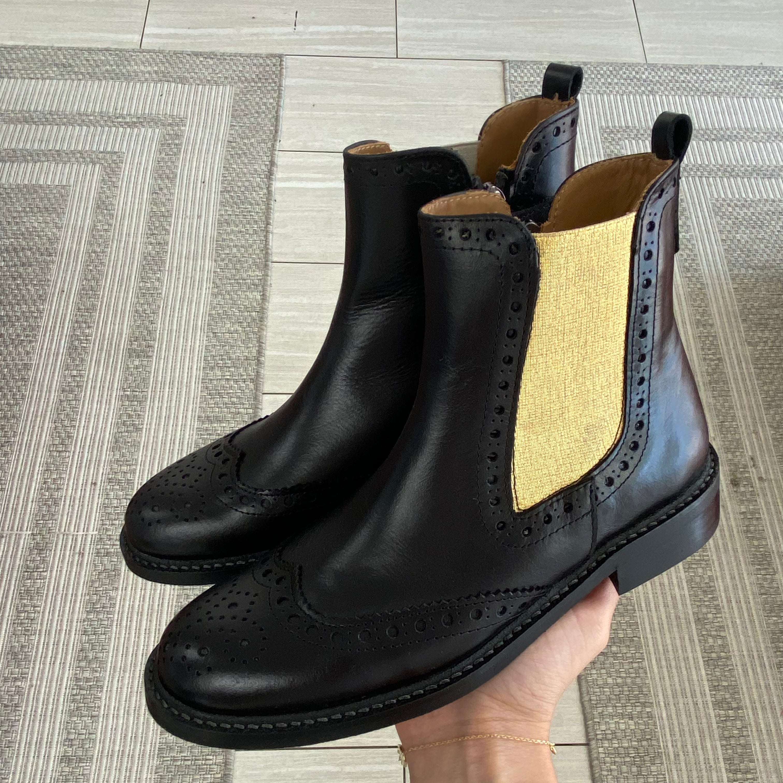 Stylish Black and Gold Wingtip Booties for Women - Fashionable Ankle Boots for Office, Party & Casual Wear | Comfortable & Trendy Footwear