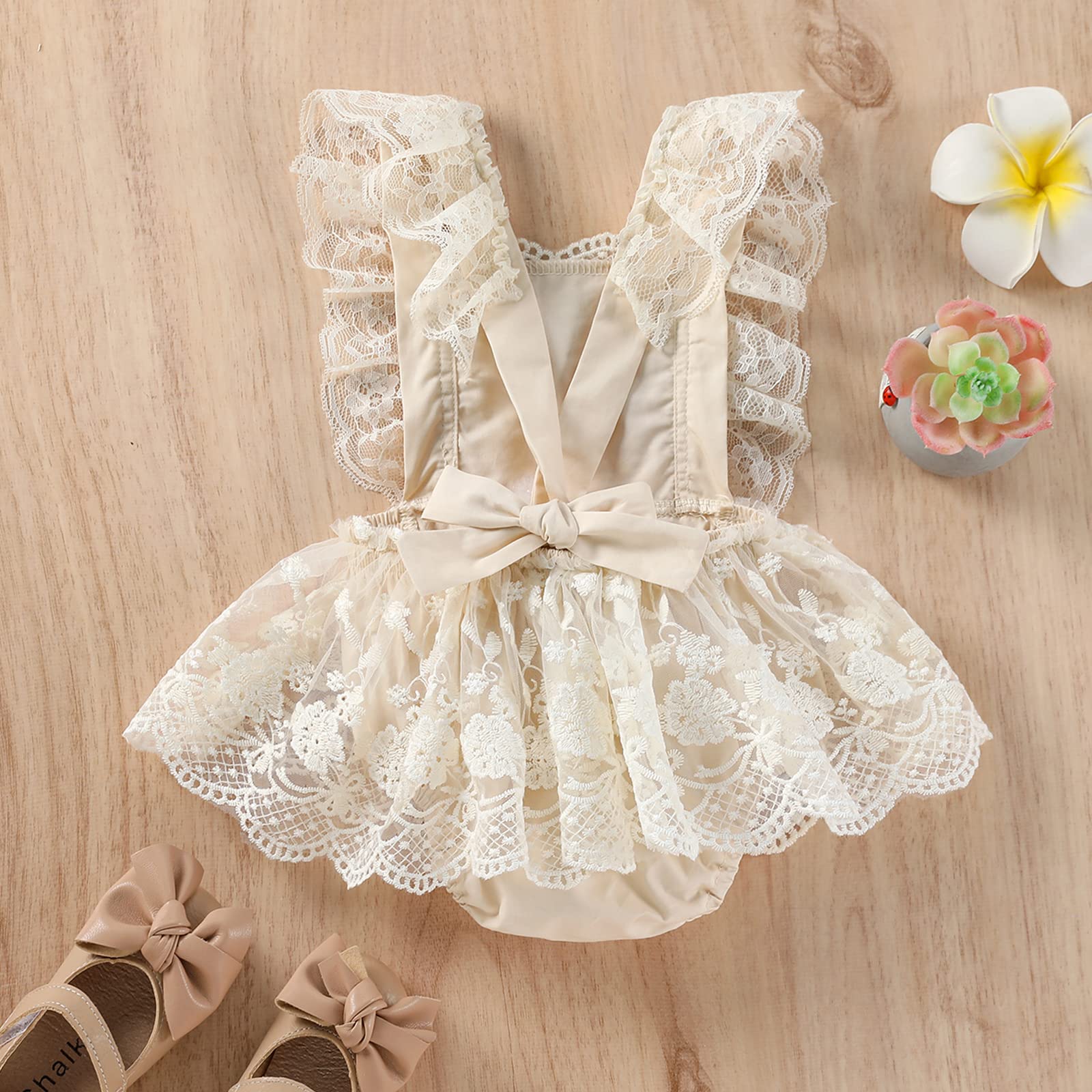 Newborn Baby Girl Romper - Lace Floral Embroidery Ruffle Sleeveless Backless Tutu Dress with Straps | Perfect for Photoshoots, Birthday Parties & Special Occasions