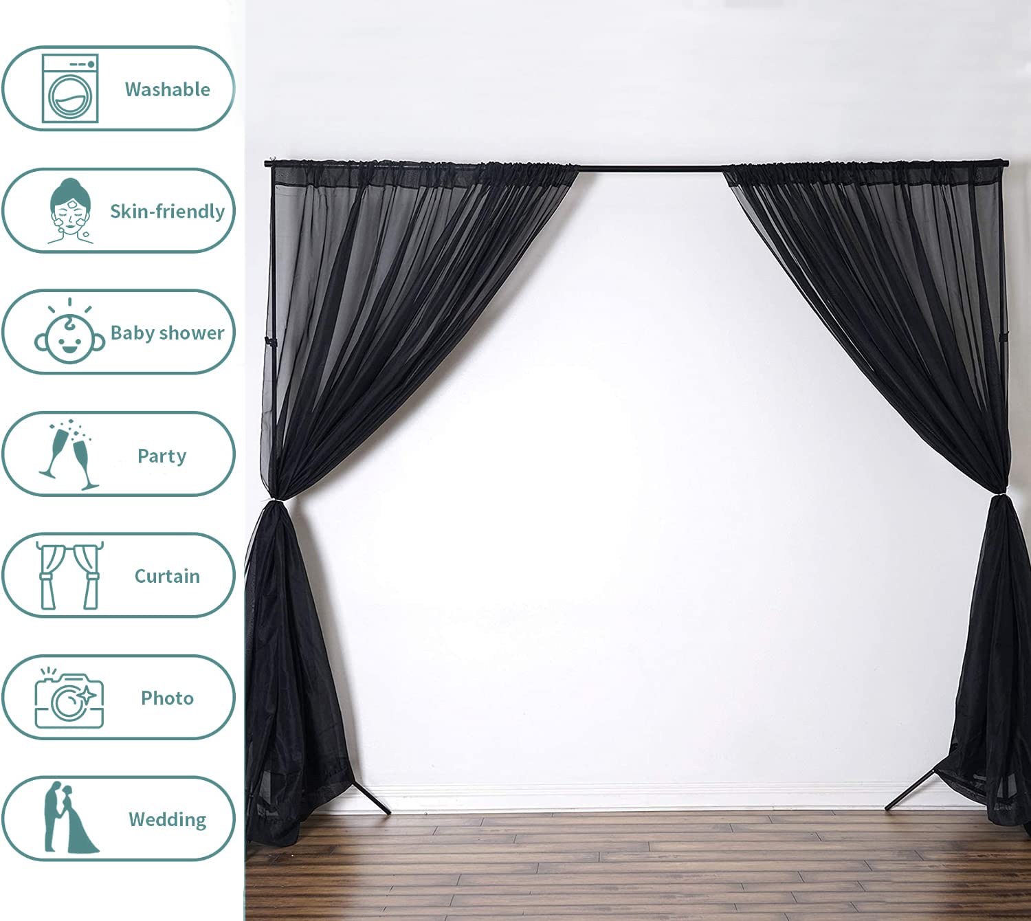 Elegant Black Sheer Canopy Curtains for Girls' Room - 8 Panels with Lights, Twin/Full/Queen/King Size Bed Drapes, Perfect for Bedroom Decor & Princess-Themed Sleepovers