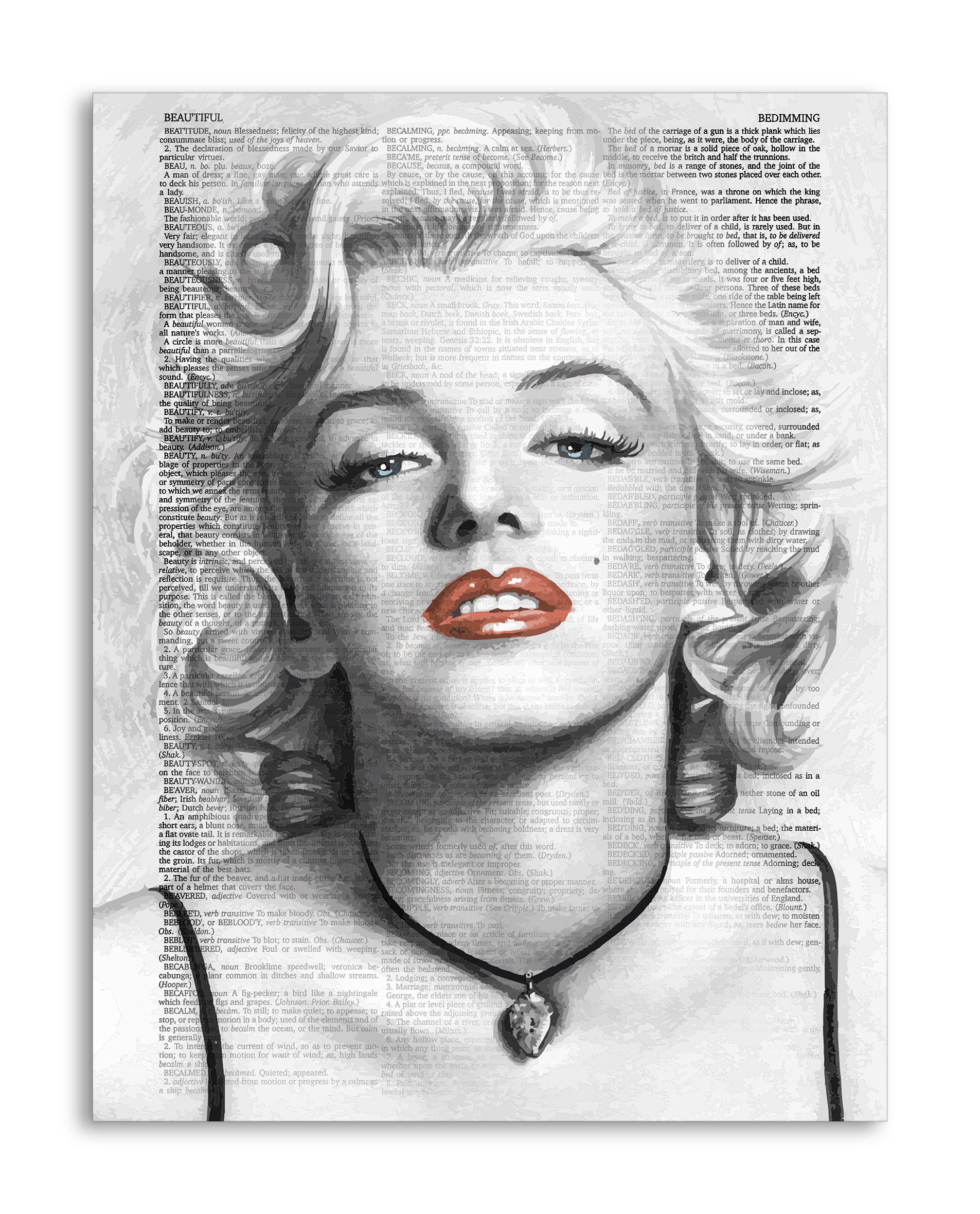 Vintage Marilyn Monroe 8.5x11 Inch Wall Art Print - Dictionary Style Mixed Media Poster on Semi-Translucent Paper for Home Office Decor & Gift Ideas