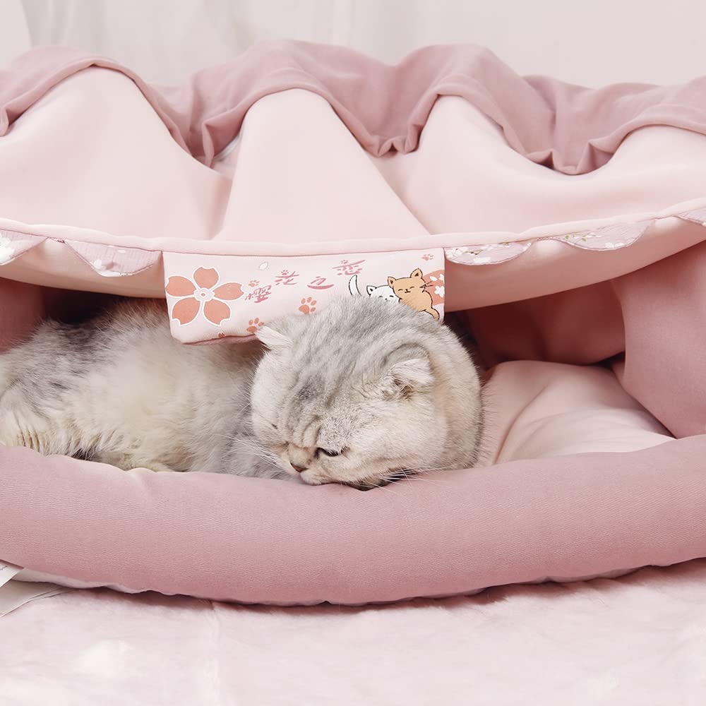 ABLAZEZAI Cat Tunnel Bed - Washable & Removable 2-in-1 Pet Play Tube for Kittens & Cats (4 Colors: Pink, Cherry Blossoms) - Perfect for Indoor Play, Hideouts & Interactive Cat Toys