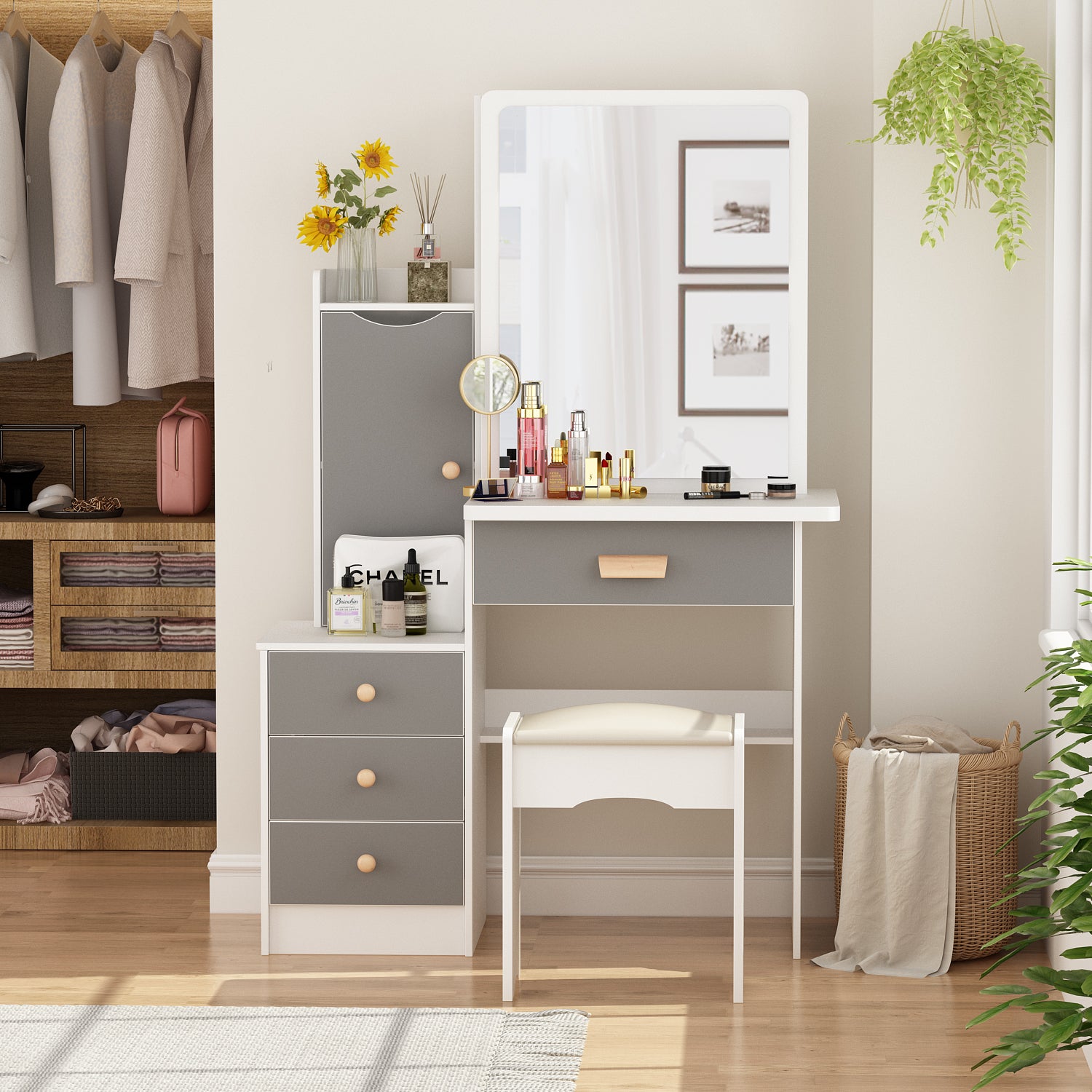 Vanity Set with Sliding Mirror, 4 Drawers & Shelves - Includes Cushioned Stool for Makeup & Dressing Room Organization - Perfect for Bedroom, Bathroom & Beauty Salon Decor