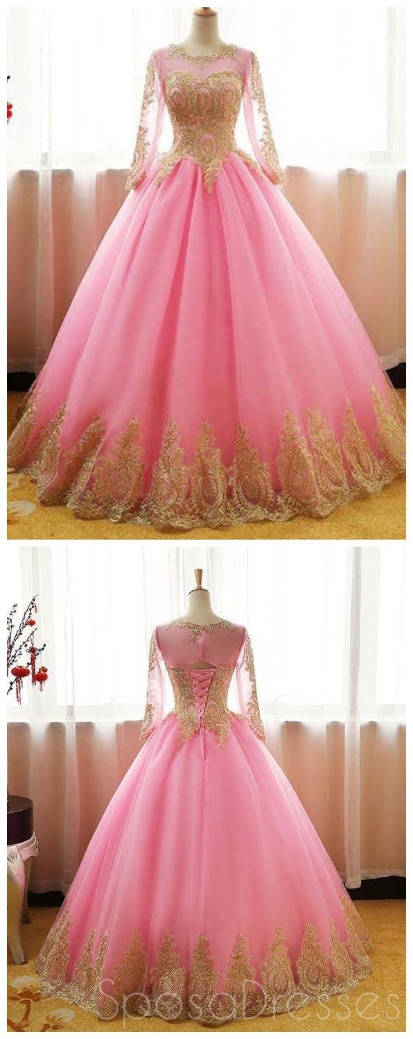 Elegant Long Sleeve Gold Lace Pink A-Line Evening Prom Dress for Sweet 16 | Formal Gown for Homecoming, Ball, and Special Occasions