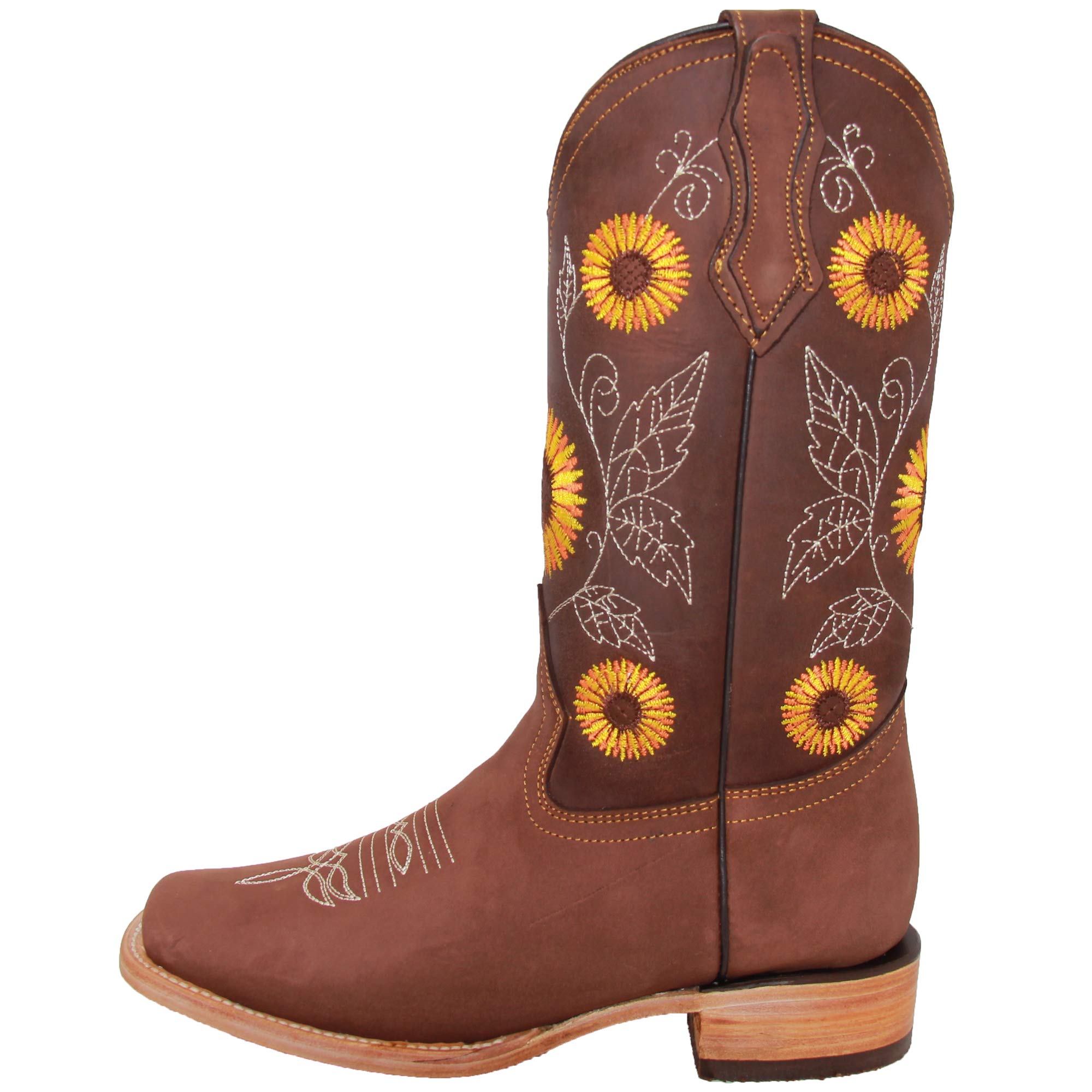 **Women's Western Cowboy Boots - Square Toe Leather Boots with Sunflower Embroidery | Comfortable & Stylish for Country Dancing, Rodeo, and Everyday Wear**