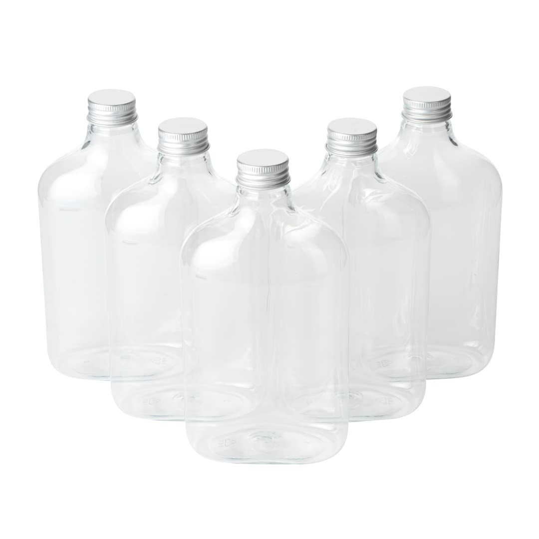 Restaurantware Bottle Tek 16.9oz Empty Plastic Liquor Bottles (100-Pack) - Clear Disposable Flask with Aluminum Lids for Juice, Ginger, Sauces & Party Favors | Perfect for Bars, Catering, Restaurants & Home Mixology