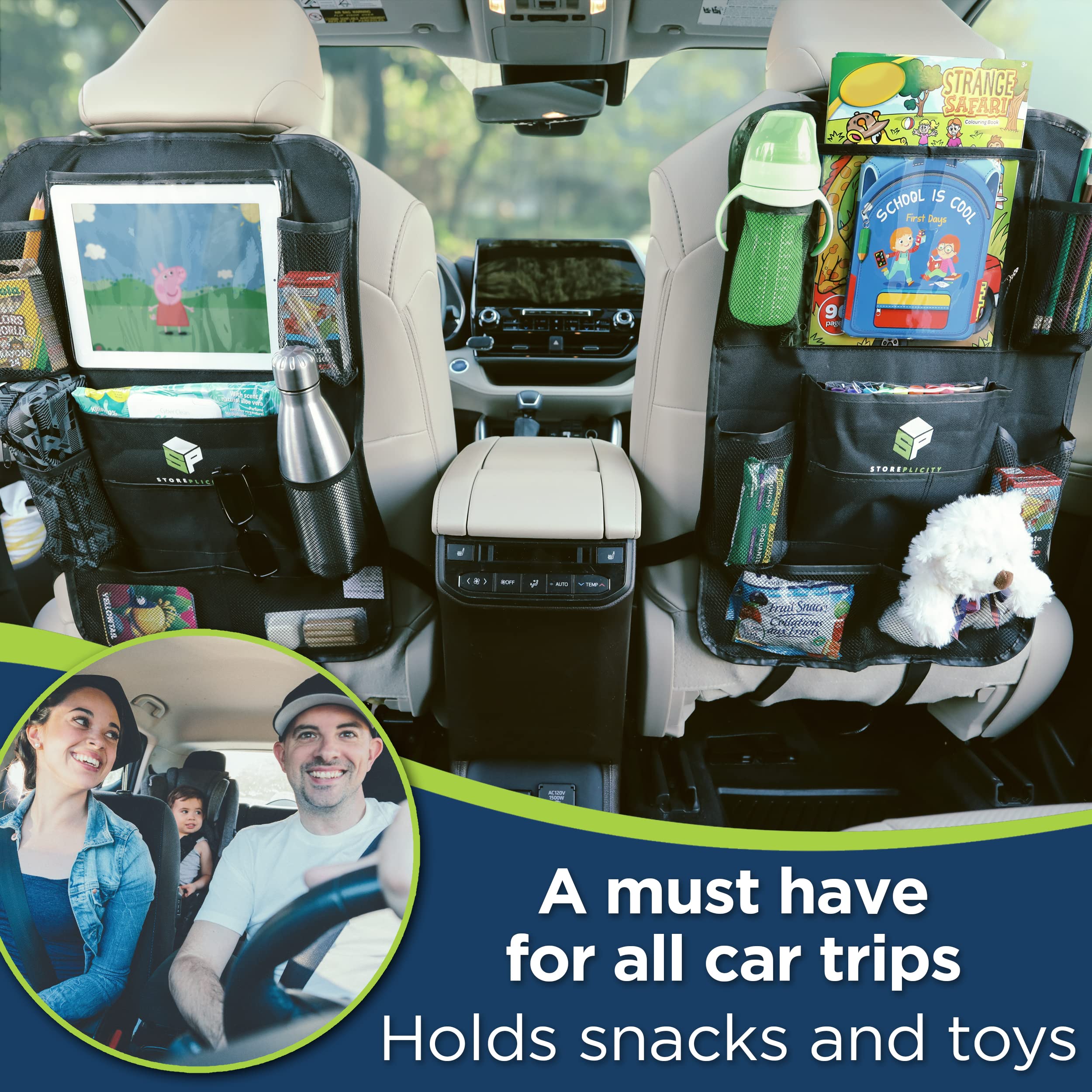 Storeplicity Universal Car Backseat Organizer Set - 2 Pack Multifunctional Seat Organizers with 13 Pockets (24x16in Back & 14.5x5in Side) - Perfect for Kids Toys, Snacks & Road Trips - Ideal for SUVs, Minivans & Family Vehicles