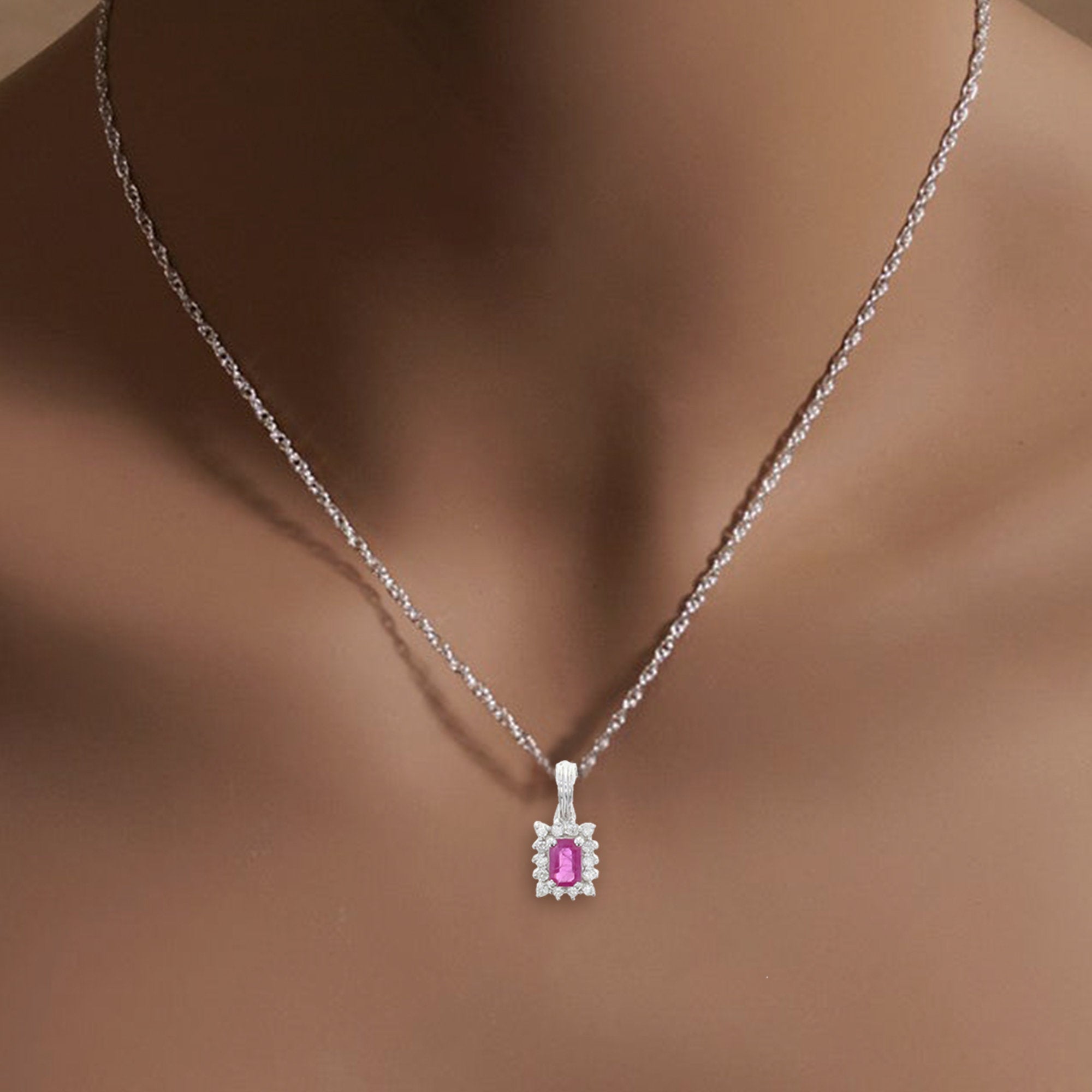 14K White Gold Ruby & Diamond Halo Pendant Necklace - 0.87cttw Genuine Gemstone Jewelry for Women, Perfect Gift for Anniversary, Valentine's Day & Special Occasions