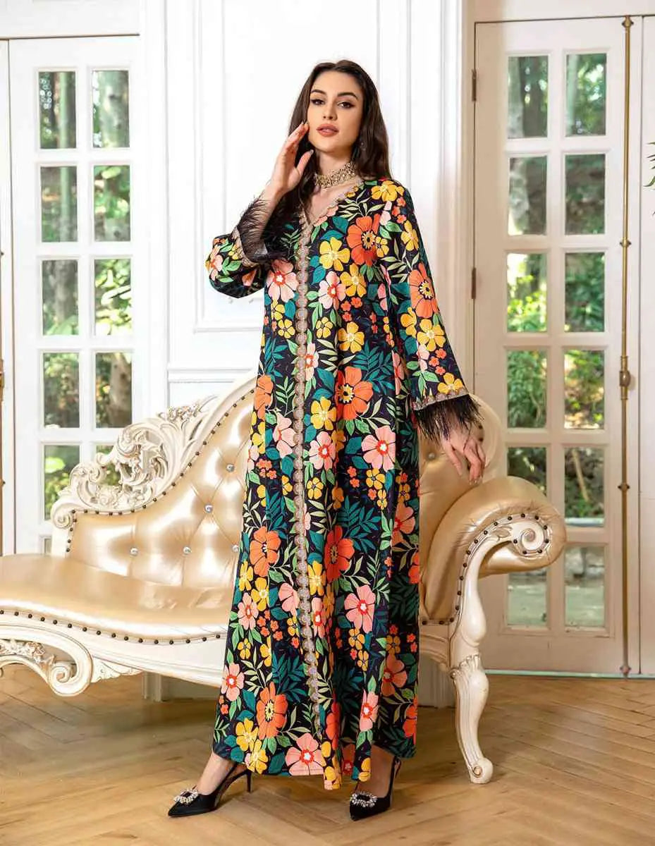 Elegant Hotfix Rhinestone Feather Sleeve Kaftan Dress for Women - Perfect for Eid, Parties, Weddings & Special Occasions