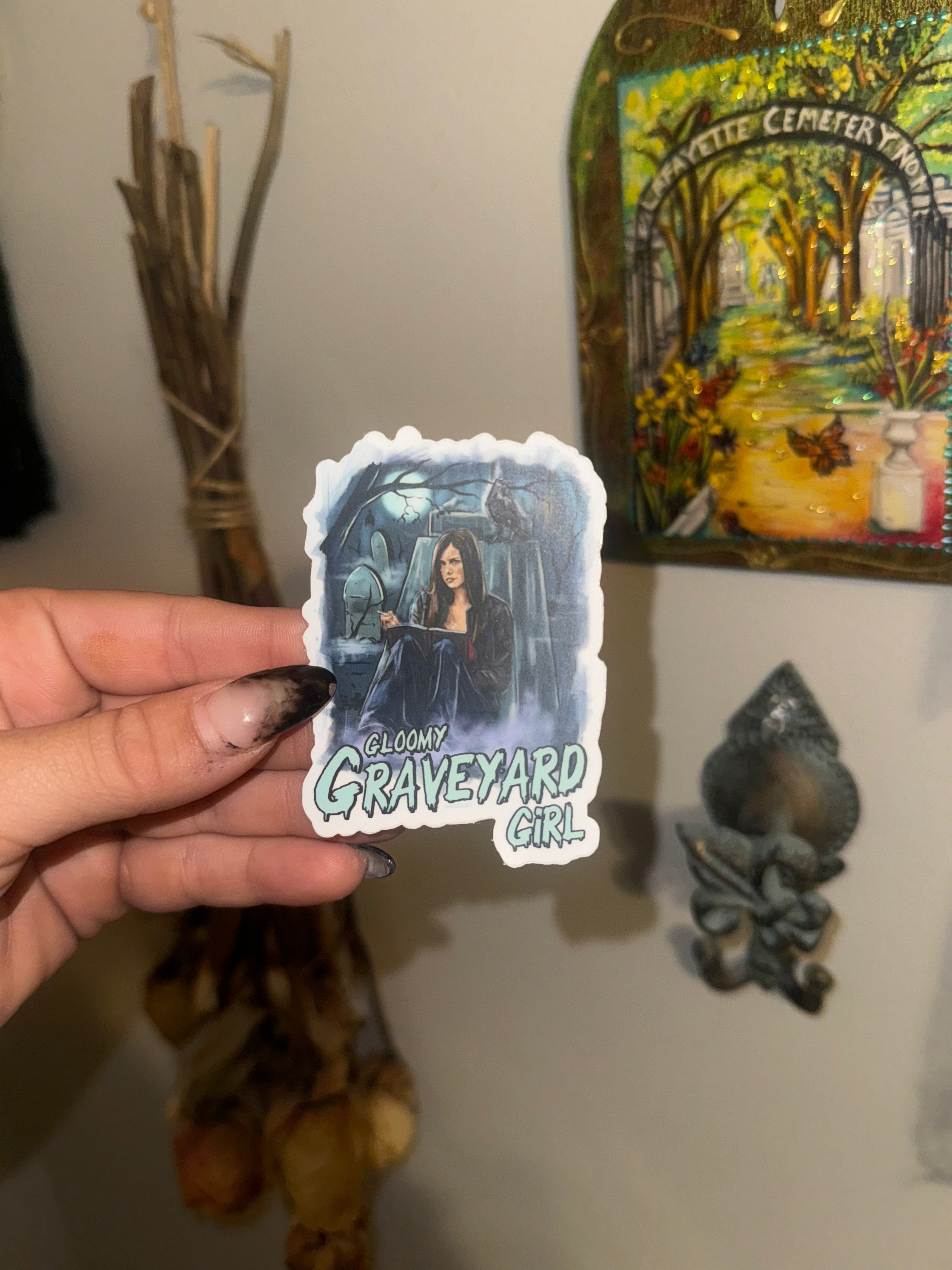 Gloomy Graveyard Girl Sticker - Gothic Decal for Laptops, Journals & DIY Crafts - Spooky Aesthetic Vinyl Stickers for Halloween Decor