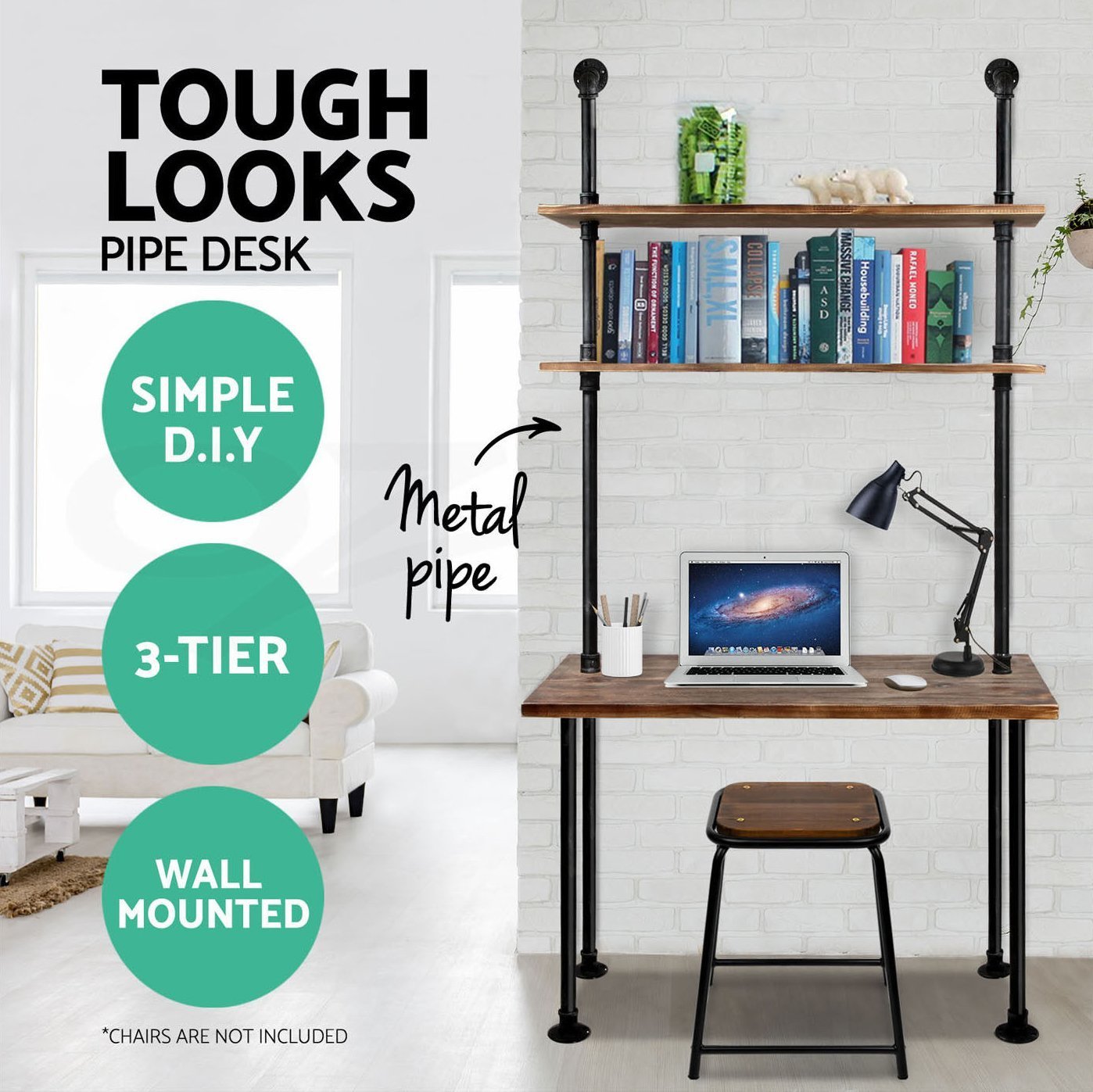 LOKKHAN 79-inch Solid Wood Industrial Laptop Desk with Wall Pipe Design & Shelves - Home Office Computer Table for Workstation, Gaming & Study (40-inch Length)