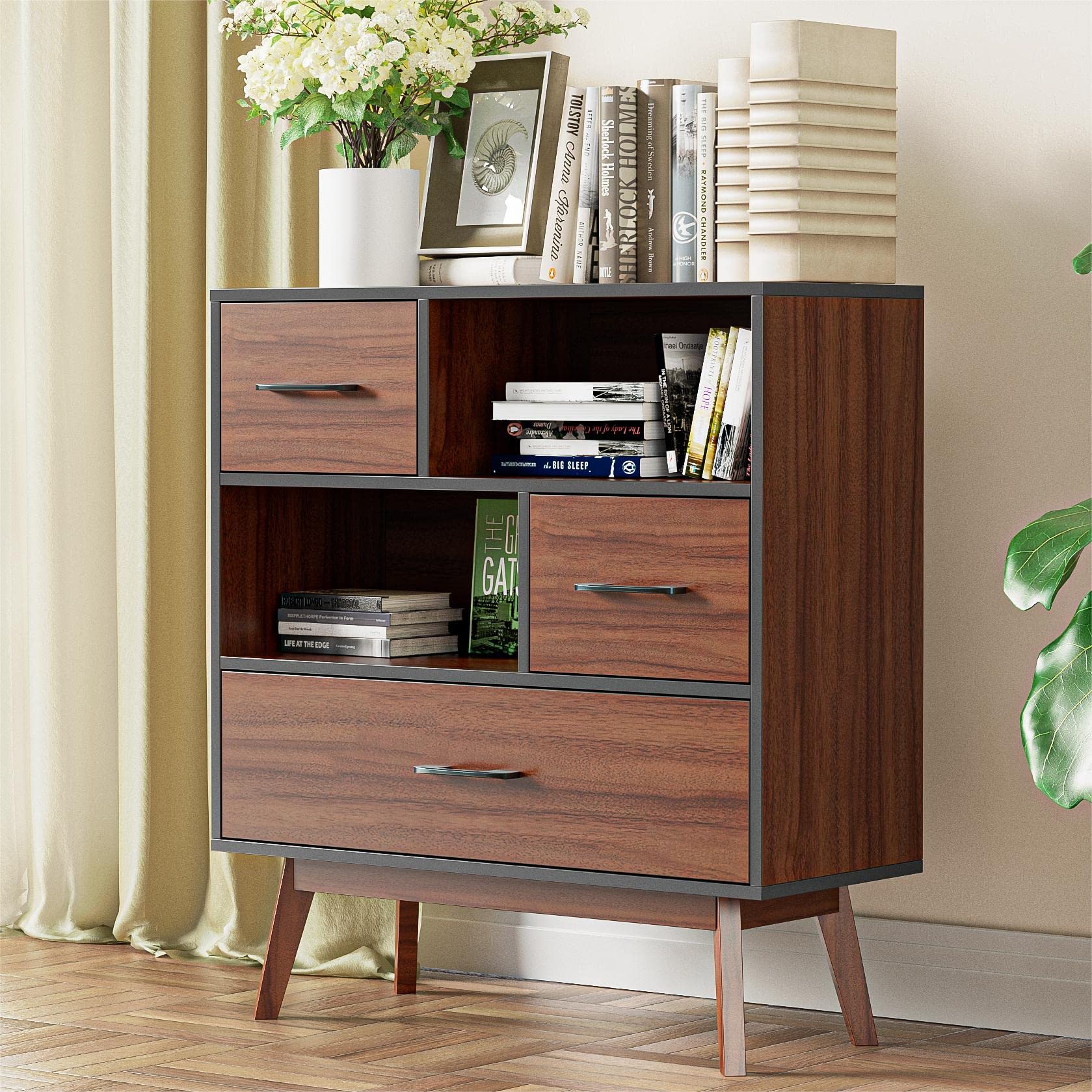 Mid-Century Modern Storage Cabinet with Drawer & 2 Doors - Solid Wood Bathroom Vanity, Living Room Accent Cabinet, Bedroom & Home Office Organizer - Entryway Storage Solution (Brown) for Small Space Organization & Home Decor