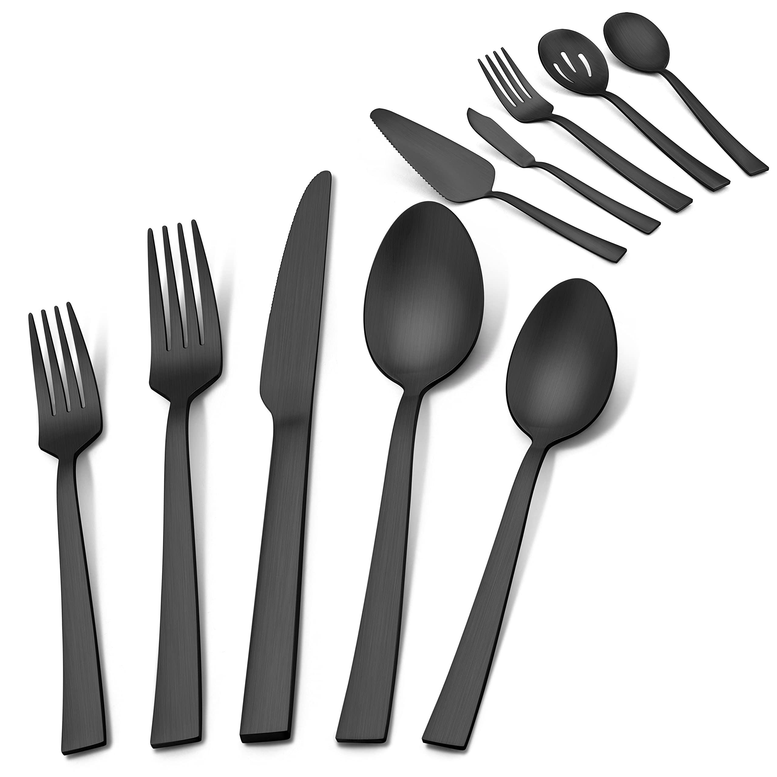 Herogo 45-Piece Matte Black Flatware Set for 8 - Stainless Steel Square Silverware Cutlery with Serving Utensils, Satin Finish & Dishwasher Safe - Elegant Dining Set for Restaurants, Weddings & Everyday Use