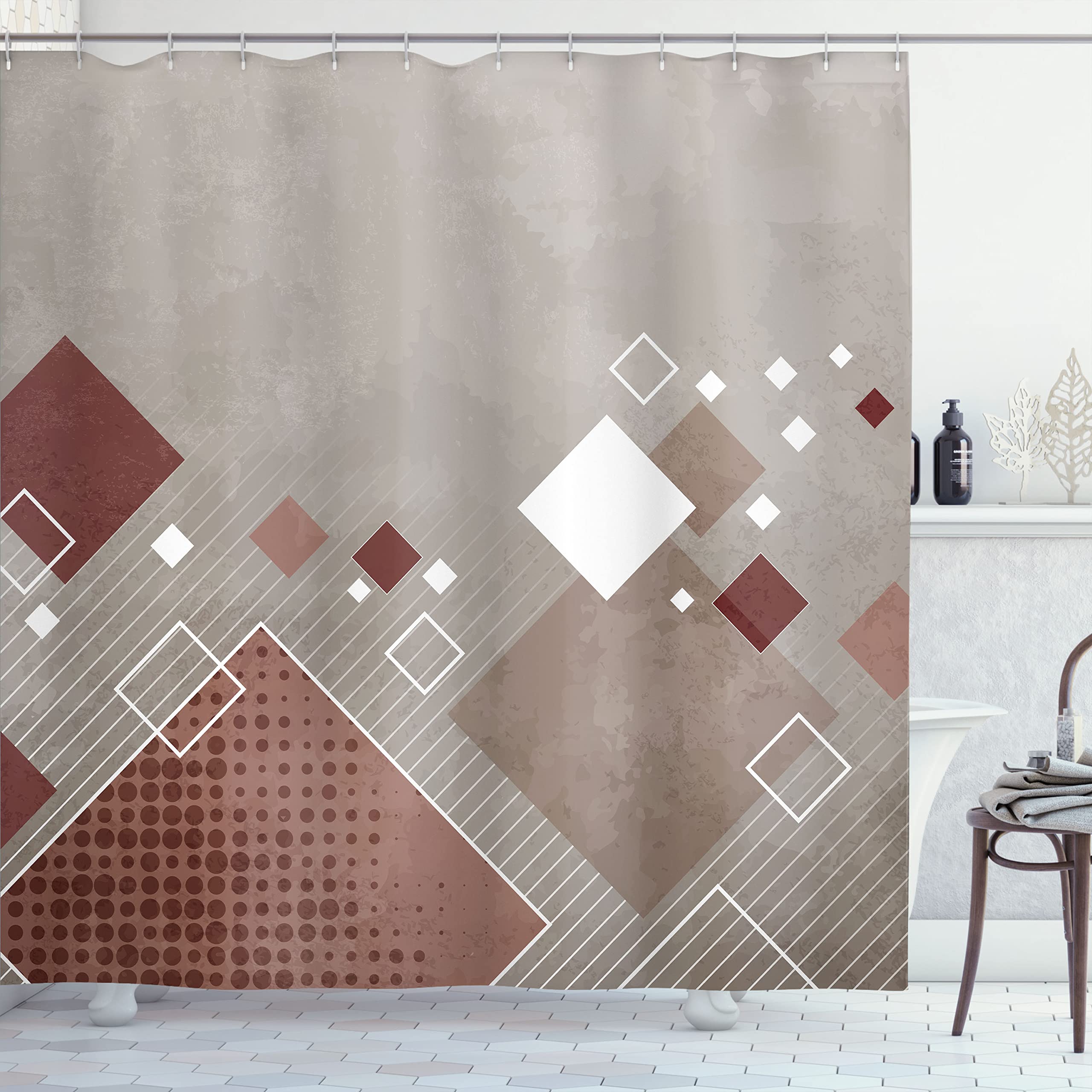 Ambesonne Abstract Geometric Shower Curtain - Colorful Squares, Stripes, Dots & Rhombus Design, 69x84 Inch Fabric Bathroom Decor with Hooks, Pale Chocolate | Modern Waterproof Bath Curtain for Stylish Home & Apartment Decor