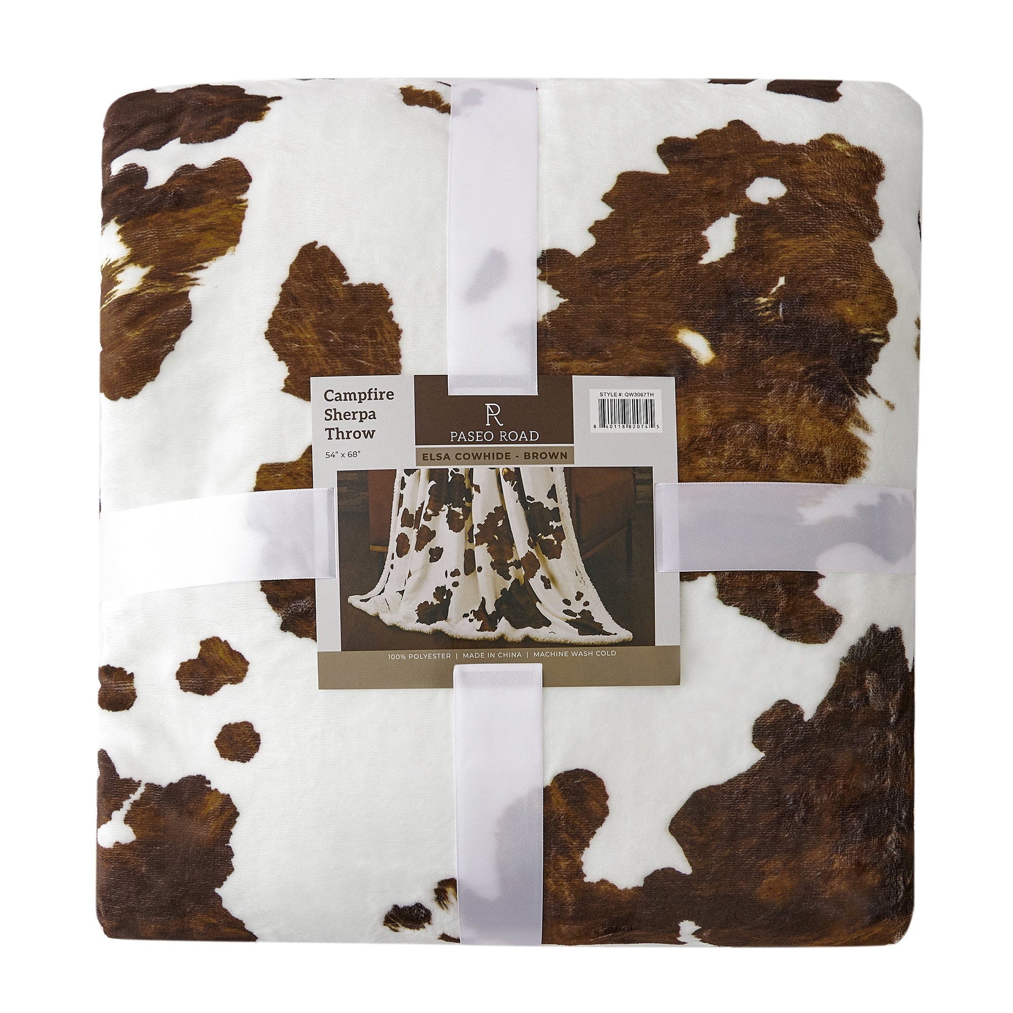 Elsa Cowhide Campfire Sherpa Throw Blanket - Soft Faux Fur & Leather Accent - Cozy Winter Warmth for Sofa, Bed, or Outdoor Camping