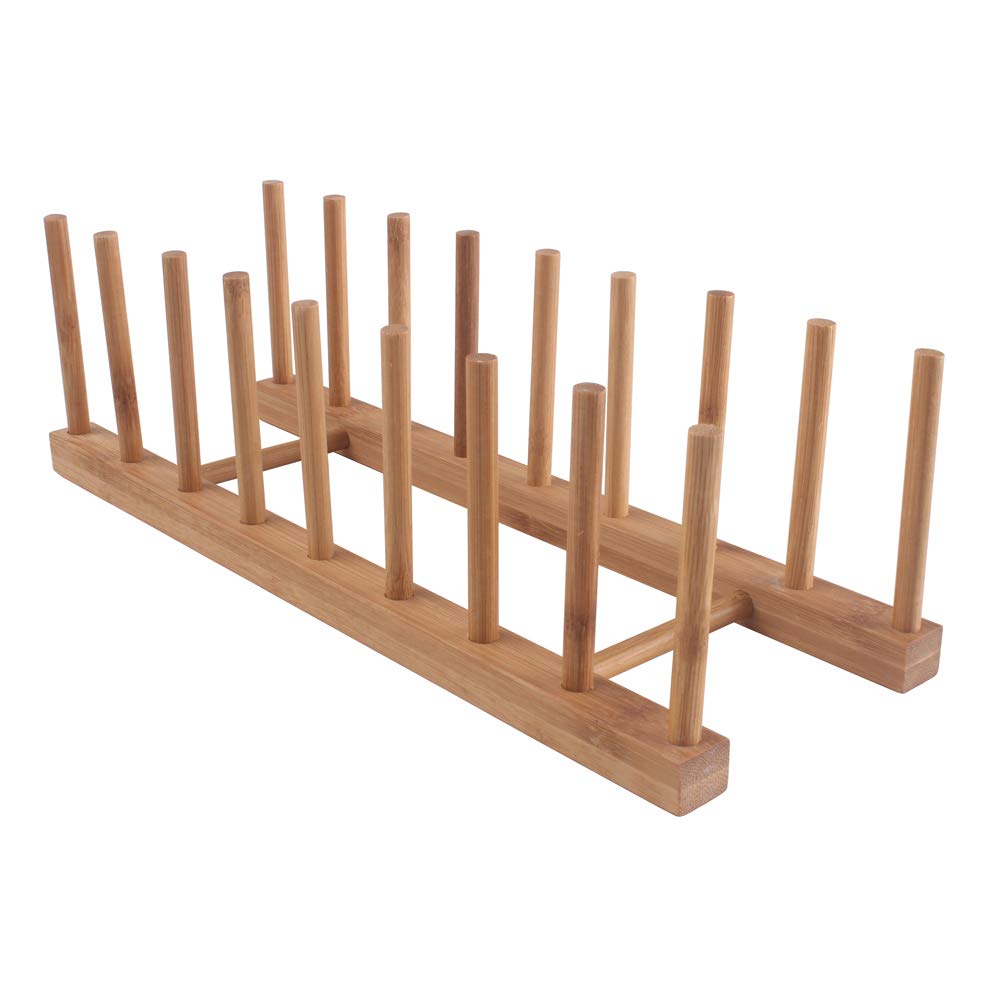 8-Slot Bamboo Dish Rack with Plate Holder & Pot Lid Organizer - Space Saving Kitchen Cabinet Storage for Dishes, Cups, and Cookware - Perfect for Small Kitchens, Apartments, and RV Use