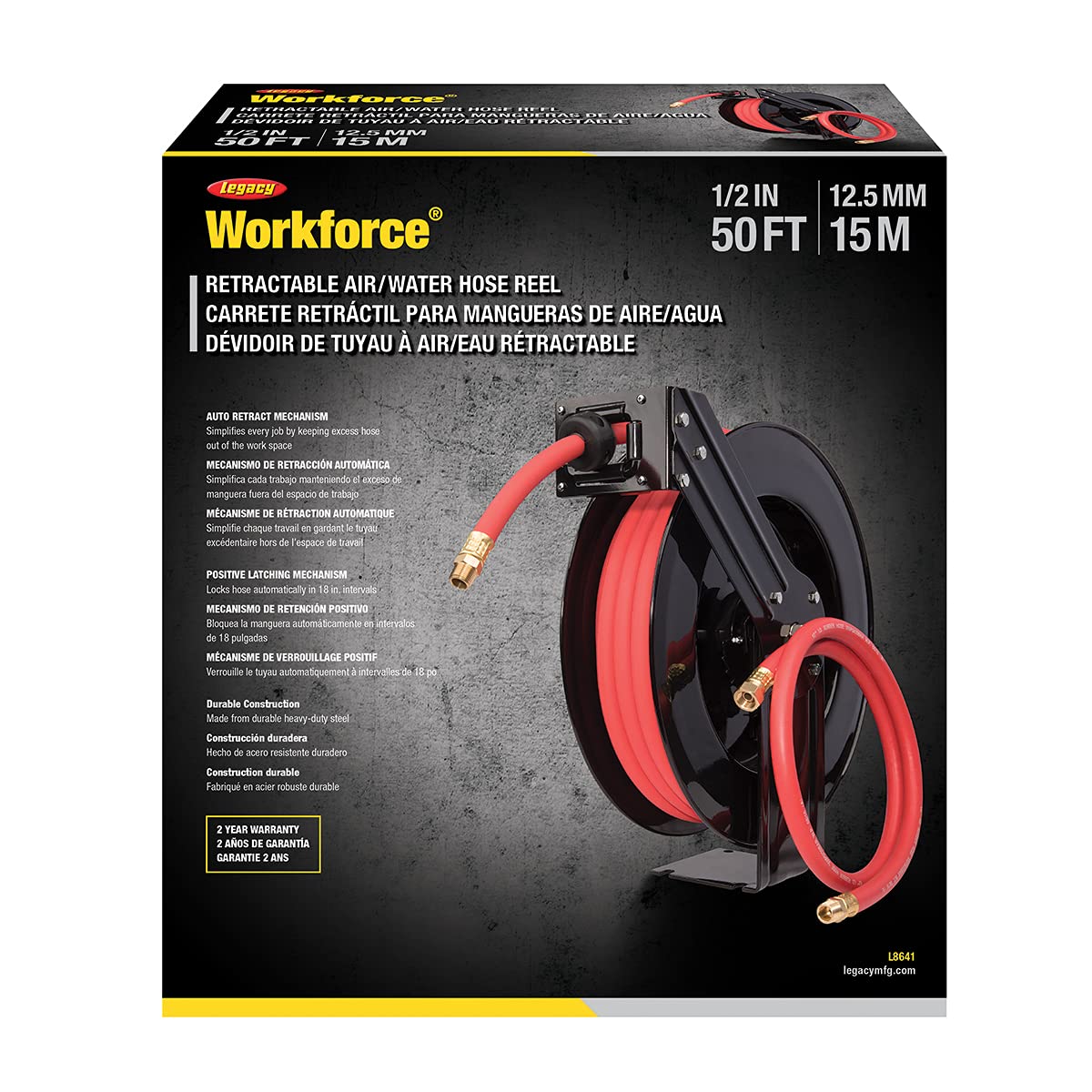 Workforce Retractable Air/Water Hose Reel - 1/2 Inch x 50 Feet Heavy Duty Rubber Hose with Wall Mount - Perfect for Garage, Workshop & Outdoor Watering (Model L8641)