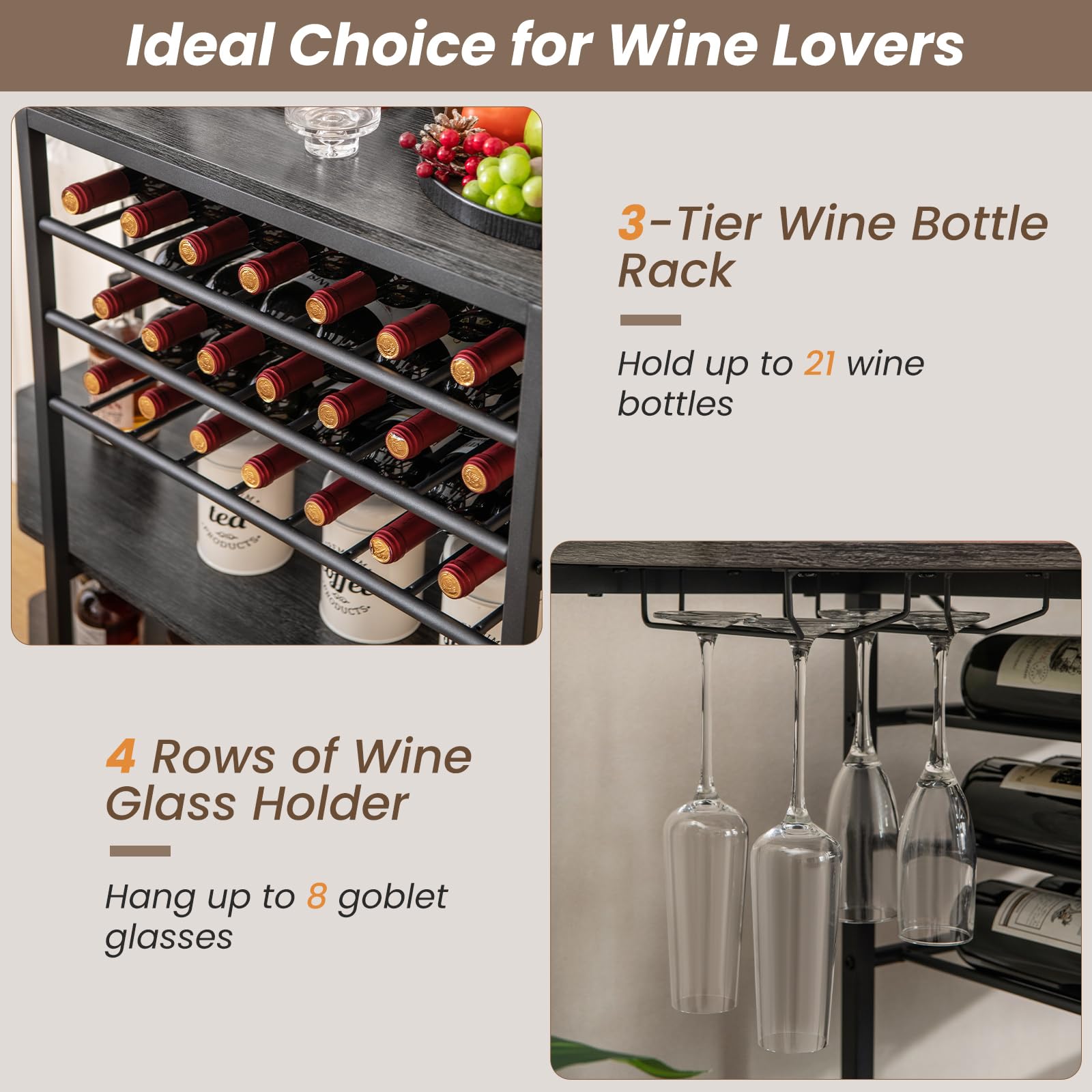 COSTWAY 3-Tier Wine Bar Cabinet with Power Outlets & Storage - Rustic Grey Freestanding Liquor Cabinet with Wine Racks, Glass Holders - Perfect for Kitchen, Dining Room, Home Bar or Entertainment Area