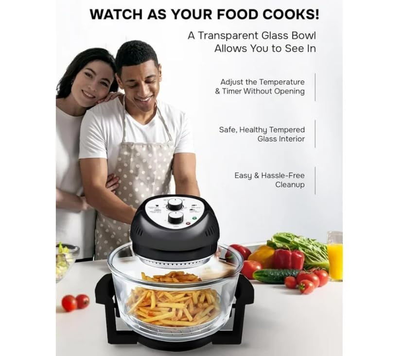 16Qt Air Fryer Toaster Oven Combo - 1300W Large Countertop Convection Oven with Rotisserie & Glass Bowl - Perfect for Baking, Roasting, and Air Frying - Ideal for Small Kitchens and Family Cooking (Black)