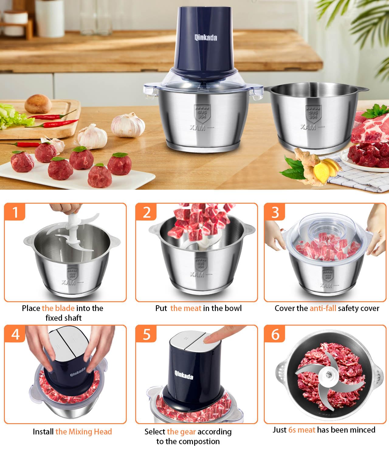 400W Electric Food Processor with 2 Speeds - Includes 2 Stainless Steel Bowls (8 Cup), Meat Grinder, Chopper, 2 Blades & Spatula - Perfect for Meal Prep, Smoothies & Homemade Baby Food (Blue)