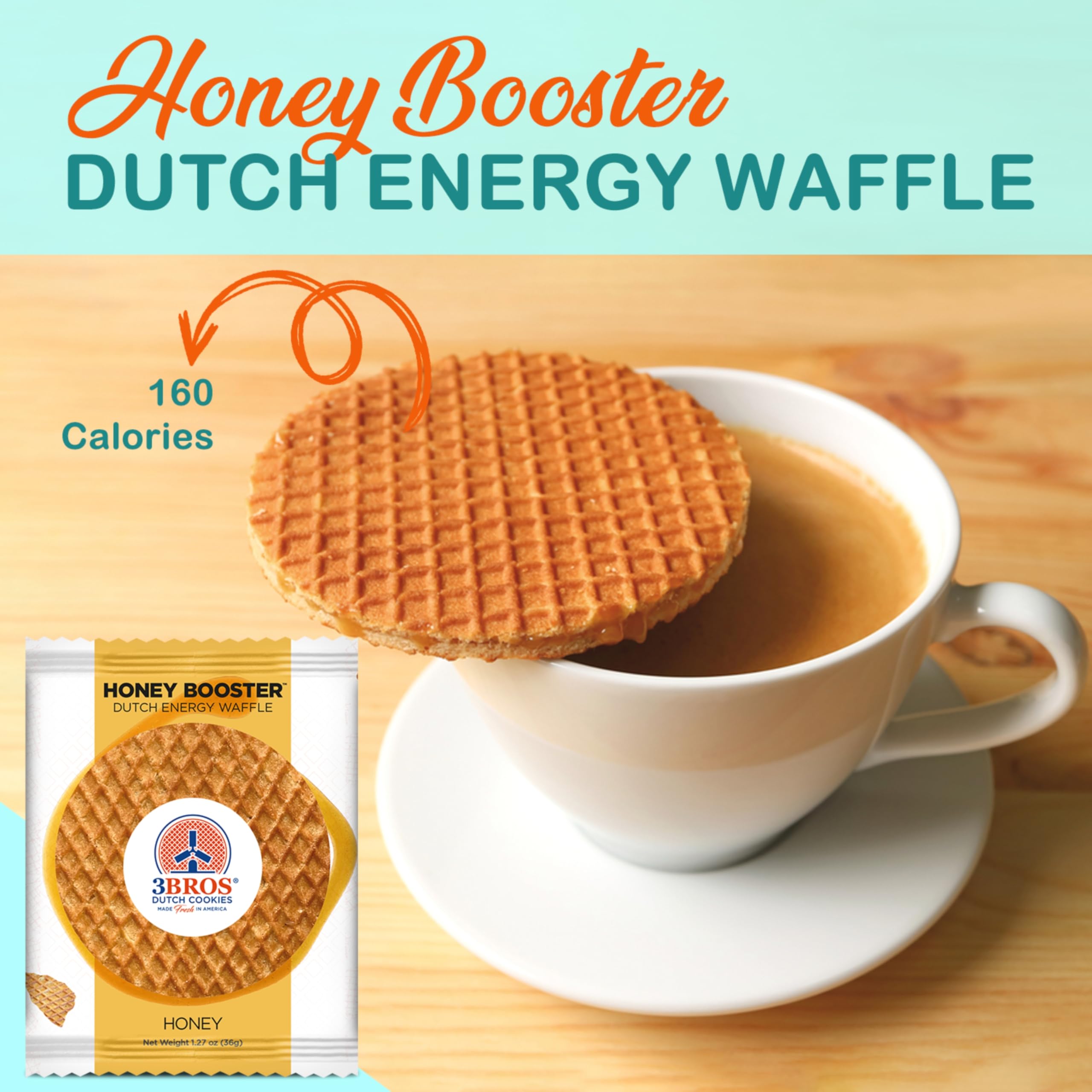 Original Dutch Honey Energy Waffles - Individually Wrapped Stroopwafels - Box of 20 - Perfect for Hiking & Office Snacks